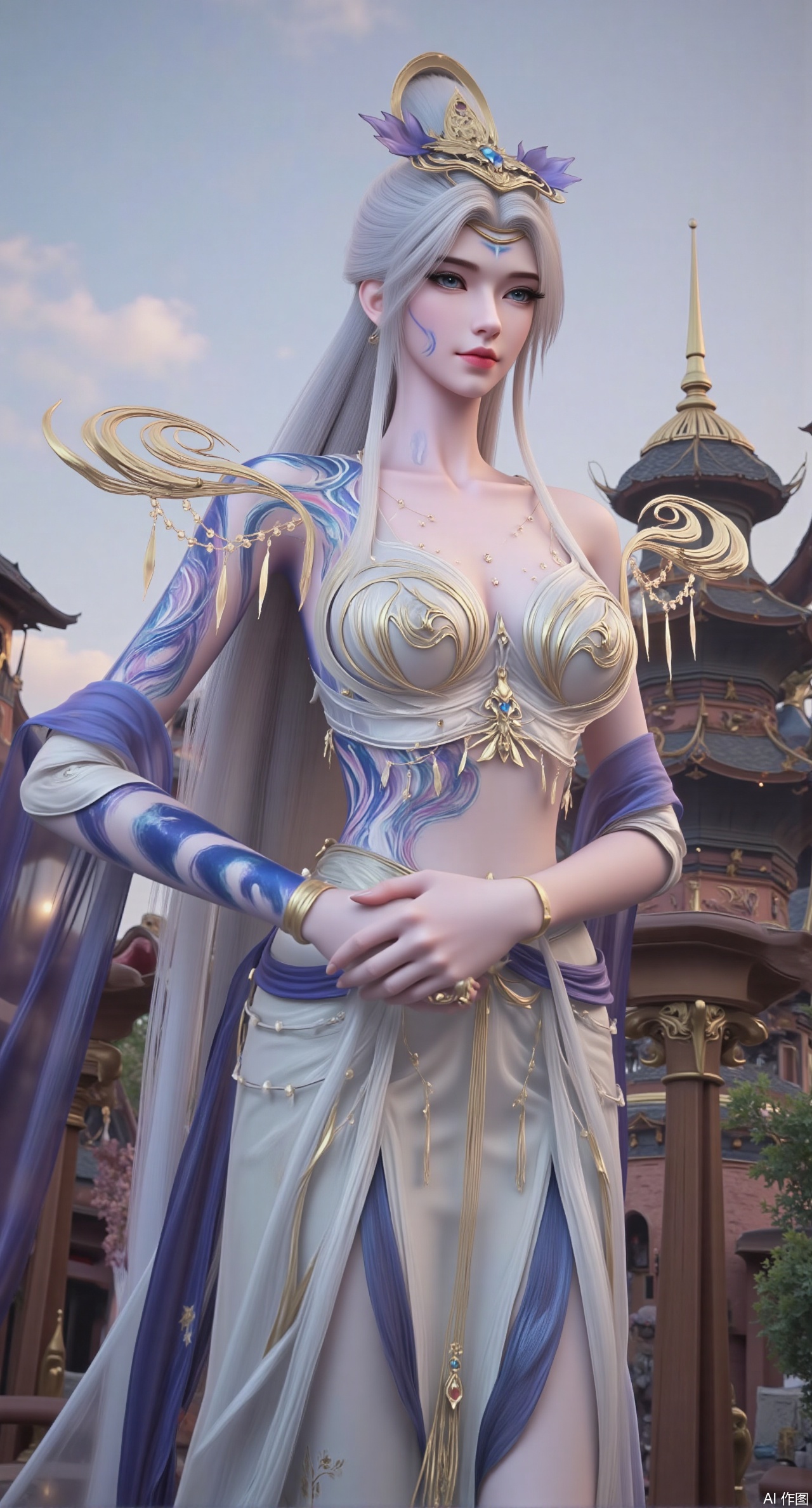 (masterpiece:1.2),best quality,hanfu,(Traditional Asian-inspired attire with a vibrant floral accessory and intricate hair ornament), realistic,hanfu photography, hanfu,1girl,fair_skin,glamor,very long hair,absurdres,incredibly absurdres,wallpaper,artbook,chinese_style_loft,turret,tower,handrail,plant,wisteria,spider_lily,face_focus,dynamic_angle,depth of field,looking_at_viewer,(huge breasts:2.99),(full breasts:2.99),(very long legs,Diamond-studded high heels:1.5),,XliumeiYK