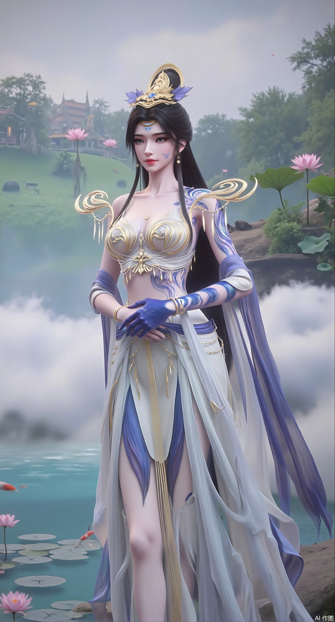 (masterpiece, best quality:1.2),A celestial maiden in Hanfu stands on a cloud, ethereal silk robes fluttering in the wind, swirling sea of clouds beneath her feet, (background reveals the emerald lotus pond of Penglai Wonderland with blooming pink-white lotuses:1.29), golden koi fish swimming in translucent water, soft morning light piercing through mist, ultra HD rendering showcases intricate embroidery on Hanfu, 8K detail captures dewdrops on lotus petals, dynamic lighting effects emphasize swirling mist movement, panoramic composition creates ethereal celestial atmosphere,(huge breasts:2.99),(full breasts:2.99),(Background with traditional Chinese architecture,Pond, water lilies:1.39)