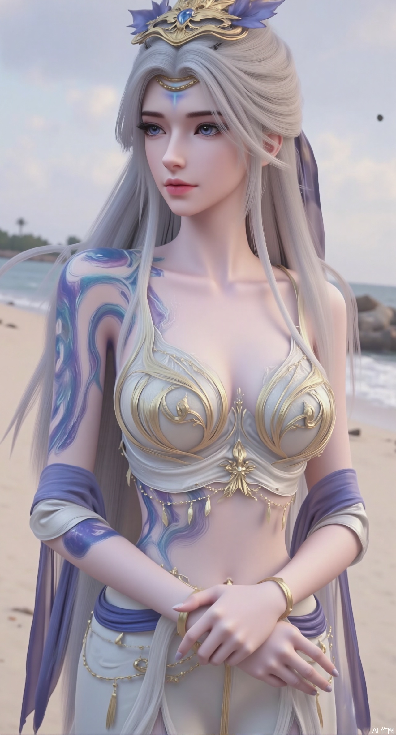 sfw,(masterpiece:1.2),best quality,extremely detailed wallpaper,perfect lighting1girl,solo,standing,looking at viewer,(cowboy_shot:1.3),,long hair,blurry background,depth of field,(in summer,day,outdoors,nature,sea,beach:1.23),(huge breasts:2.99),(full breasts:2.99),