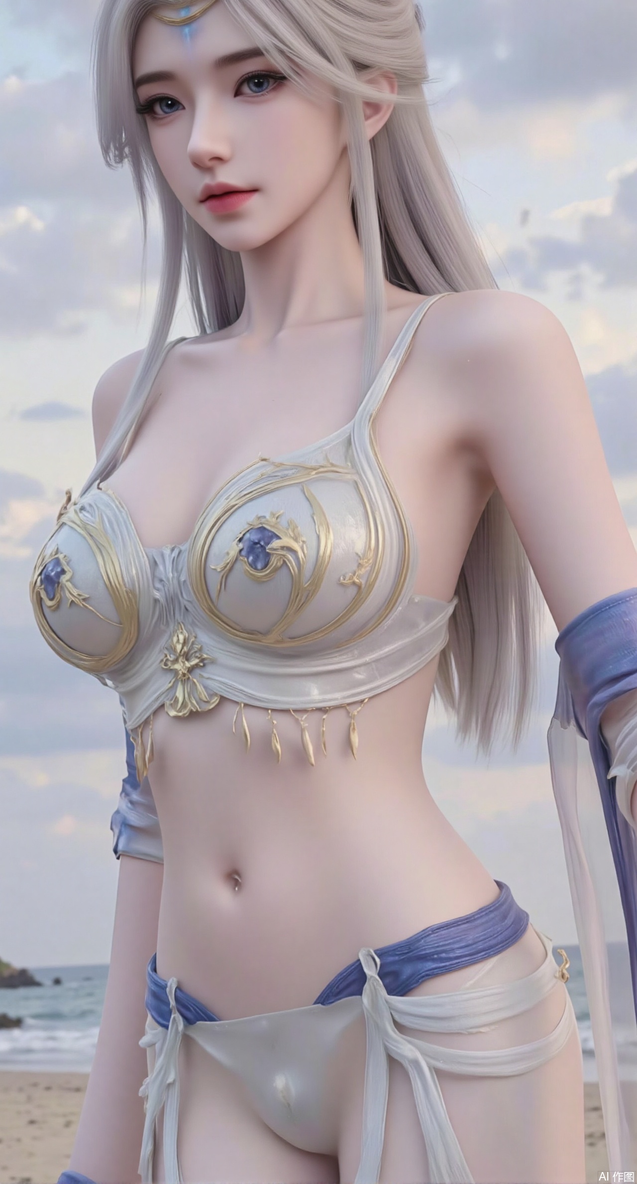 sfw,(masterpiece:1.2),best quality,extremely detailed wallpaper,perfect lighting1girl,solo,standing,looking at viewer,(cowboy_shot:1.3),,long hair,blurry background,depth of field,(in summer,day,outdoors,nature,sea,beach:1.23),(huge breasts:2.99),(full breasts:2.99),