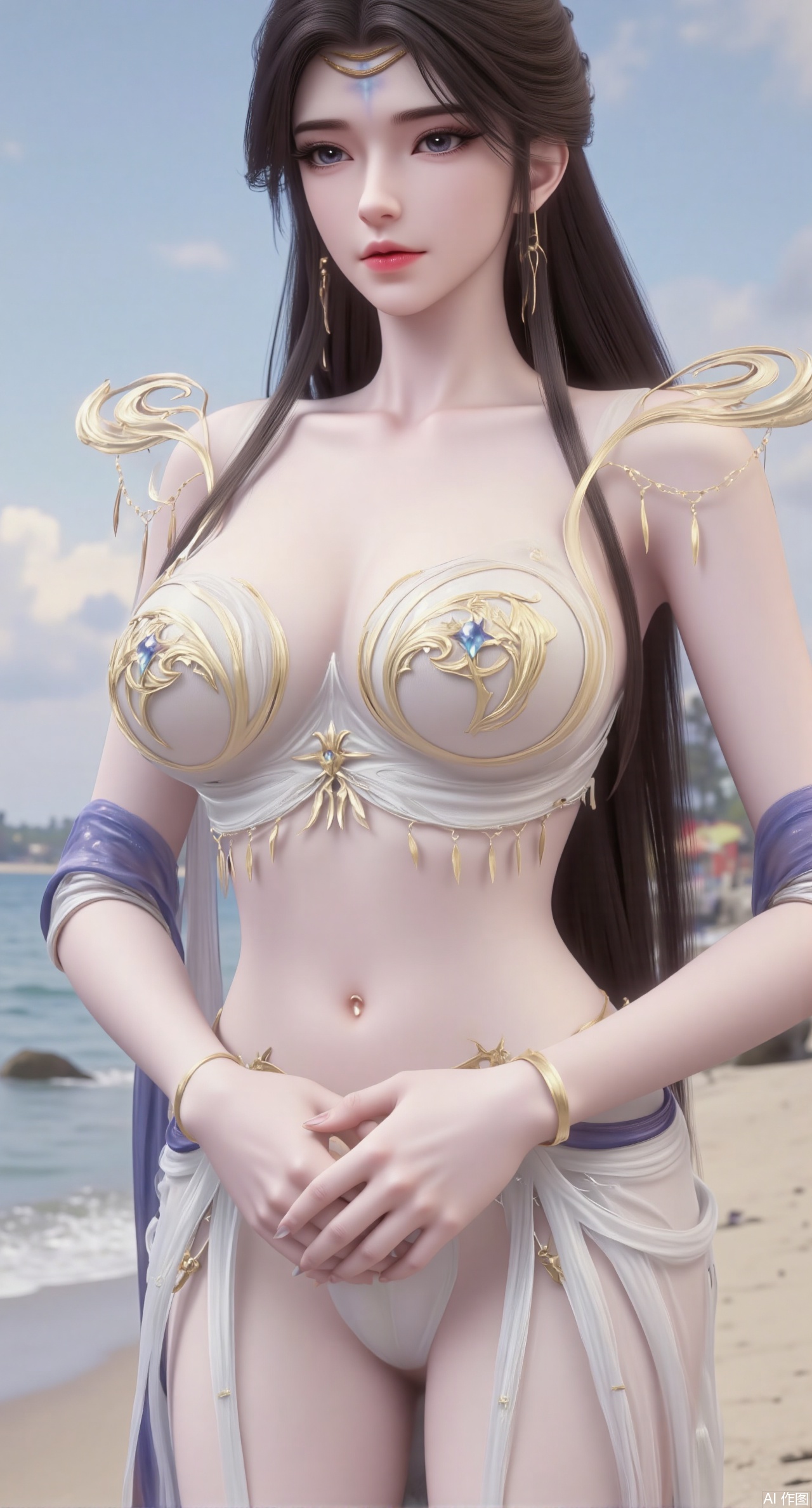 (masterpiece:1.2),best quality,extremely detailed wallpaper,perfect lighting1girl,solo,standing,looking at viewer,(cowboy_shot:1.3),,long hair,blurry background,depth of field,(in summer,day,outdoors,nature,sea,beach:1.23),(huge breasts:2.99),(full breasts:2.99),