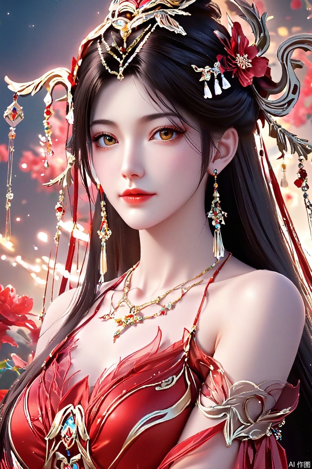 score_9,score_8_up,score_7_up,1girl, solo, long hair, brown hair, black hair, hair ornament, dress, bare shoulders, jewelry, earrings, necklace, red dress, masterpiece,best quality,official art,extremely detailed CG unity 8k wallpaper,upper body,looking at viewer,Random scene,