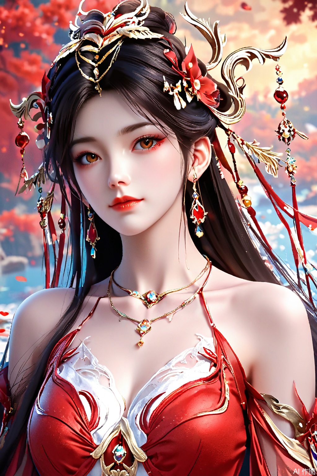 score_9,score_8_up,score_7_up,1girl, solo, long hair, brown hair, black hair, hair ornament, dress, bare shoulders, jewelry, earrings, necklace, red dress, masterpiece,best quality,official art,extremely detailed CG unity 8k wallpaper,upper body,looking at viewer,Random scene,
