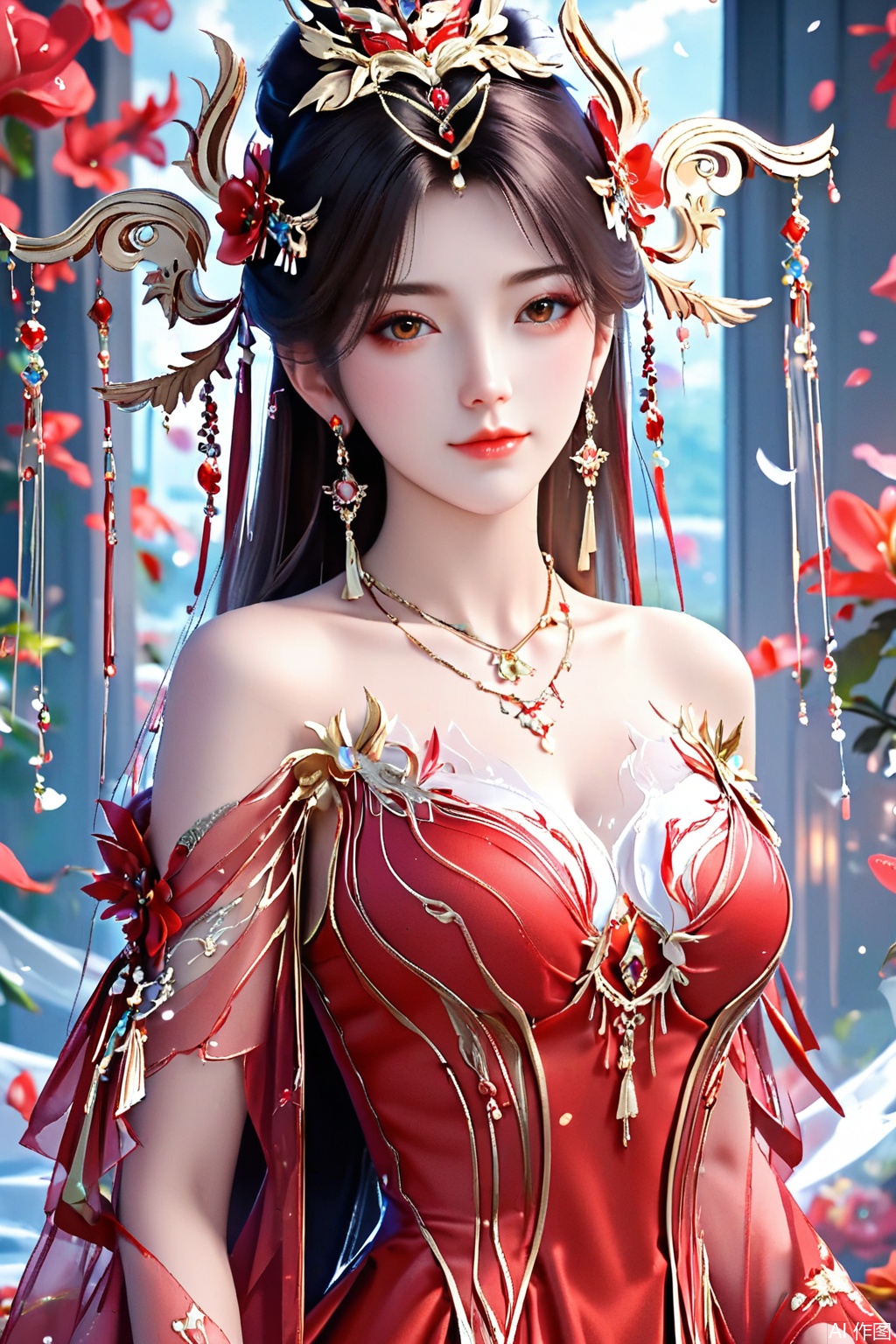 score_9,score_8_up,score_7_up,1girl, solo, long hair, brown hair, black hair, hair ornament, dress, bare shoulders, jewelry, earrings, necklace, red dress, masterpiece,best quality,official art,extremely detailed CG unity 8k wallpaper,upper body,looking at viewer,Random scene,