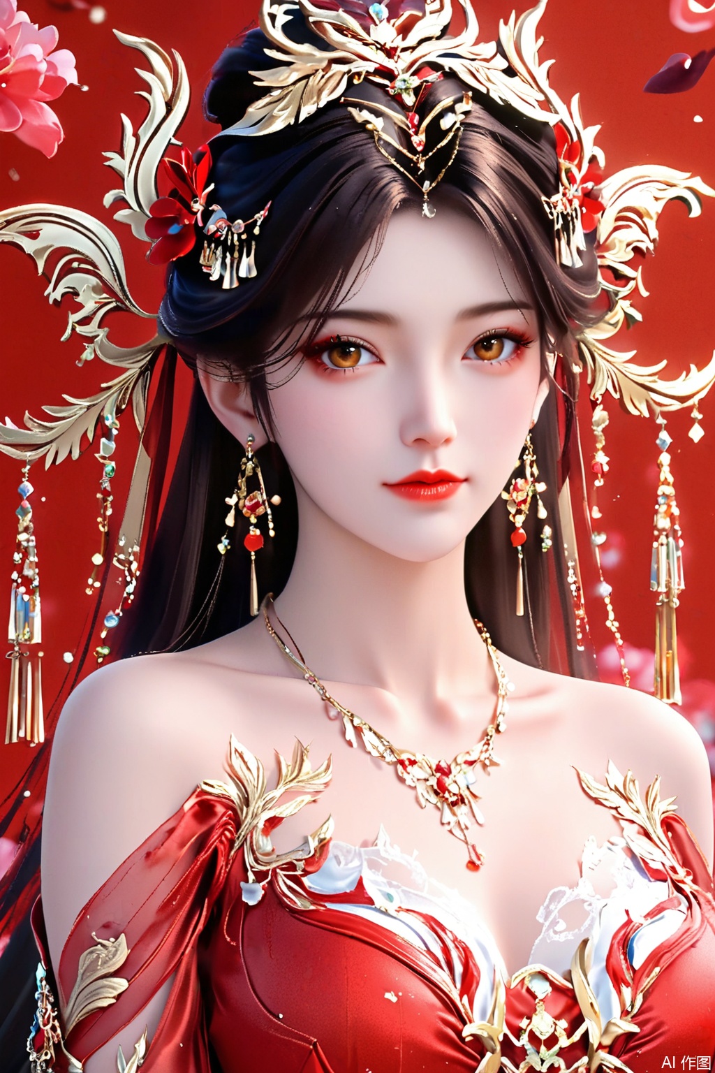 score_9,score_8_up,score_7_up,1girl, solo, long hair, brown hair, black hair, hair ornament, dress, bare shoulders, jewelry, earrings, necklace, red dress, masterpiece,best quality,official art,extremely detailed CG unity 8k wallpaper,upper body,looking at viewer,Random scene,