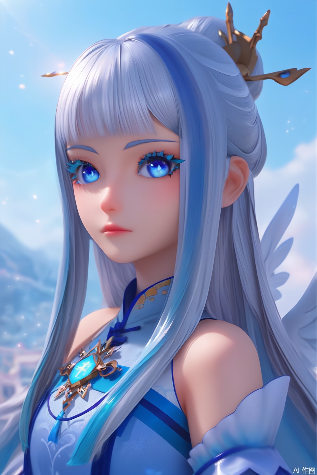 score_9,score_8_up,score_7_up,1girl,solo,long hair,looking at viewer,bangs,blue eyes,eyelashes,hair ornament,upper body,multicolored hair,dress,bare shoulders,blue hair,detached sleeves,wings,blunt bangs,dress