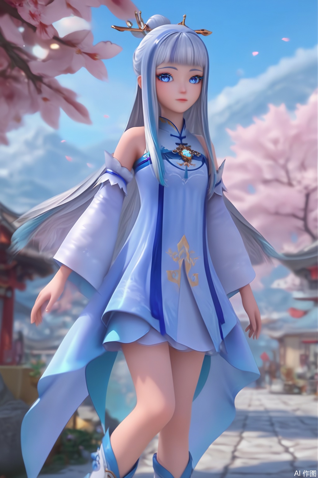 score_9,score_8_up,score_7_up,1girl,solo,long hair,looking at viewer,bangs,blue eyes,eyelashes,hair ornament,multicolored hair,dress,bare shoulders,blue hair,detached sleeves,blunt bangs,dress,Cherry Blossoms,flower,shiny skin,boots,white footwear,facing viewer,faceoff