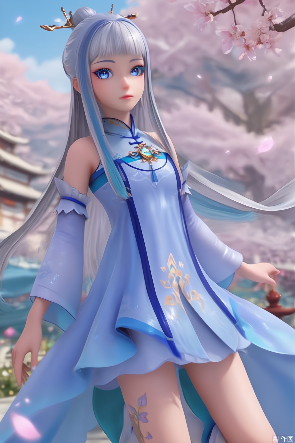 score_9,score_8_up,score_7_up,1girl,solo,long hair,looking at viewer,bangs,blue eyes,eyelashes,hair ornament,multicolored hair,dress,bare shoulders,blue hair,detached sleeves,blunt bangs,dress,Cherry Blossoms,flower,shiny skin,boots,white footwear,facing viewer,faceoff,hand up,missionary
