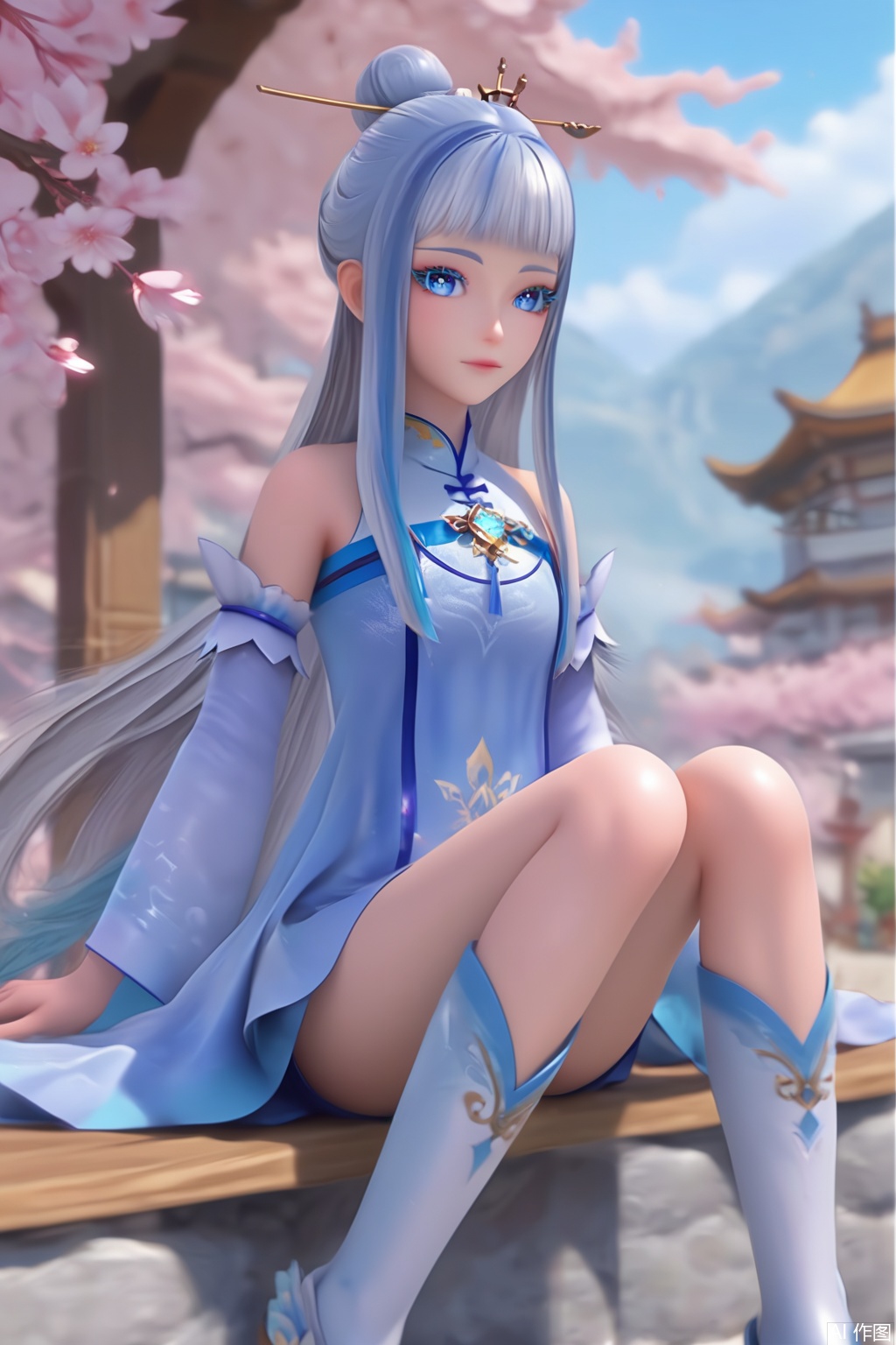 score_9,score_8_up,score_7_up,1girl,solo,long hair,looking at viewer,bangs,blue eyes,eyelashes,hair ornament,multicolored hair,dress,bare shoulders,blue hair,detached sleeves,blunt bangs,dress,Cherry Blossoms,flower,shiny skin,boots,white footwear,facing viewer,faceoff,hand up,missionary,sitting,legs together,knees up,shorts under skirt