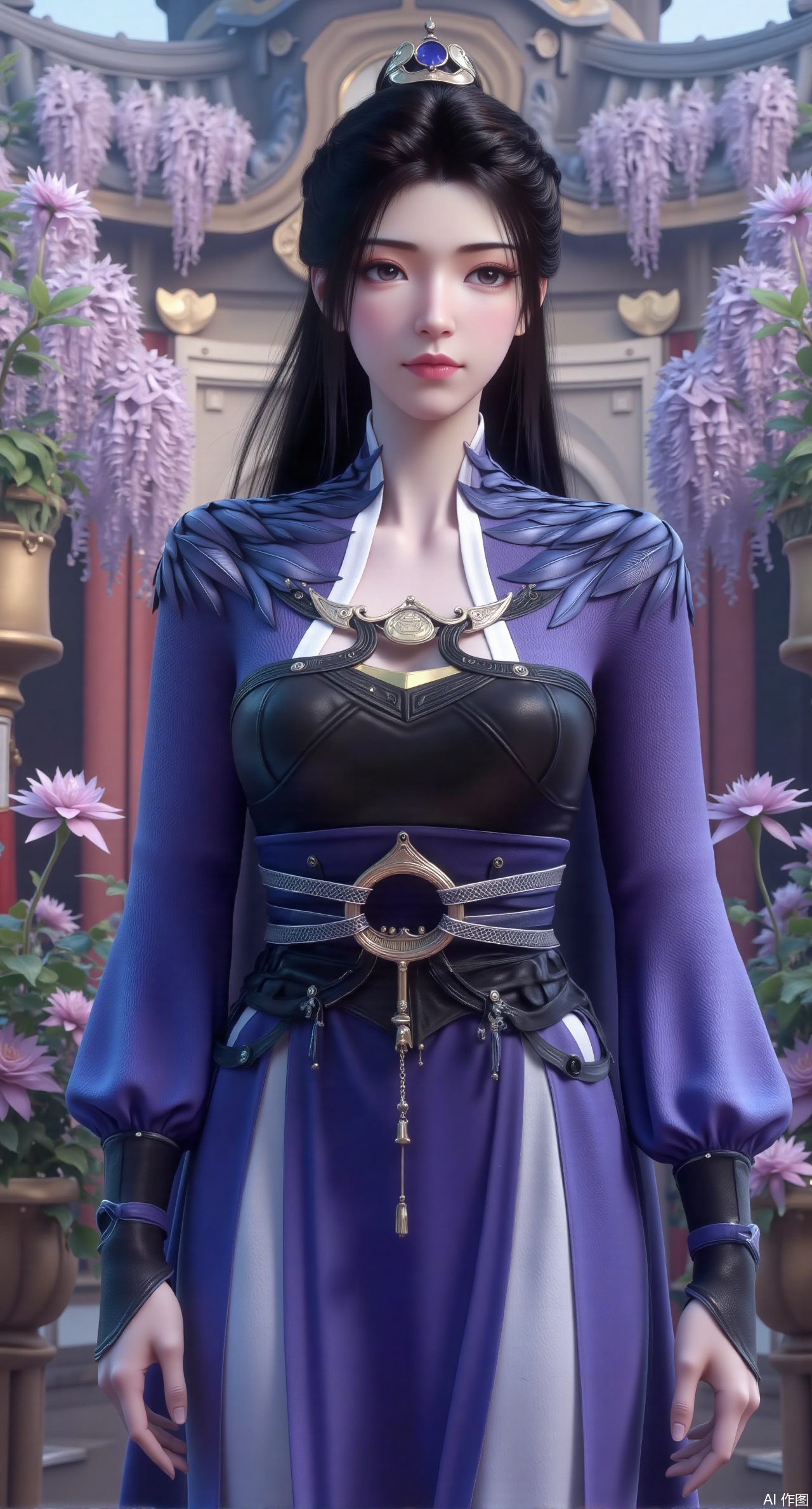 SFW,(masterpiece, top quality, best quality, official art, beautiful and aesthetic:1.2),Realistic,long dress,(Traditional Asian-inspired attire with a vibrant floral accessory and intricate hair ornament),realistic,hanfu photography,hanfu,1girl,fair_skin,glamor,very long hair,absurdres,incredibly absurdres,wallpaper,artbook,chinese_style_loft,turret,tower,handrail,plant,wisteria,spider_lily,face_focus,dynamic_angle,depth of field,looking_at_viewer,(huge breasts:2.99),(full breasts:2.99),(rose,rose sea:1.59)