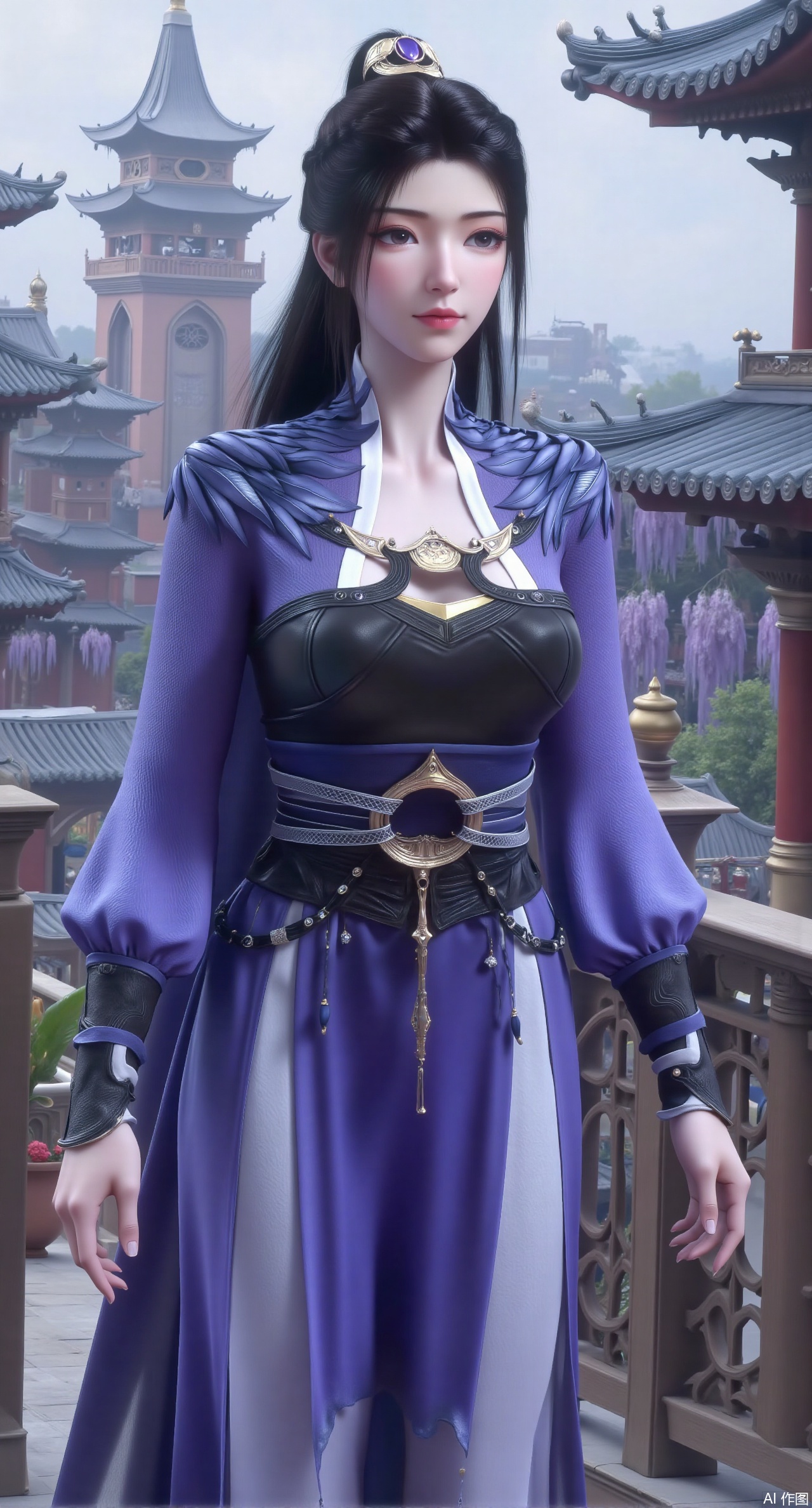 (masterpiece:1.2),best quality,hanfu,(Traditional Asian-inspired attire with a vibrant floral accessory and intricate hair ornament), realistic,hanfu photography, hanfu,1girl,fair_skin,glamor,very long hair,absurdres,incredibly absurdres,wallpaper,artbook,chinese_style_loft,turret,tower,handrail,plant,wisteria,spider_lily,face_focus,dynamic_angle,depth of field,looking_at_viewer,(huge breasts:2.99),(full breasts:2.99),(very long legs,Diamond-studded high heels:1.5),,XliumeiYK