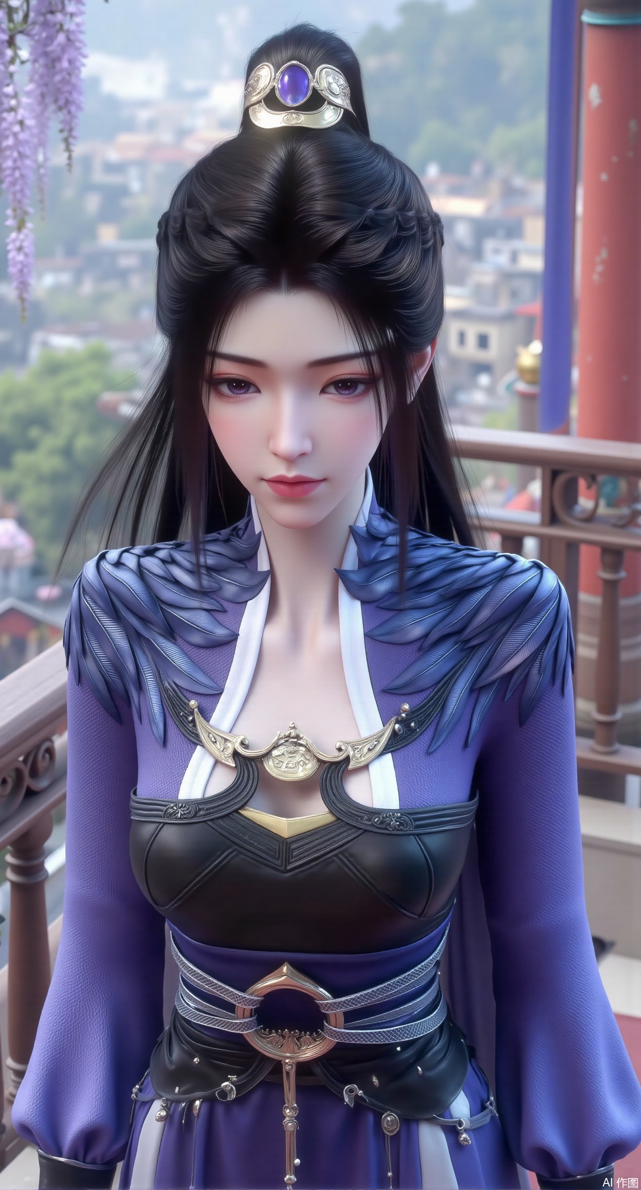 SFW,(masterpiece, top quality, best quality, official art, beautiful and aesthetic:1.2),Realistic,long dress,(Traditional Asian-inspired attire with a vibrant floral accessory and intricate hair ornament),realistic,hanfu photography,hanfu,1girl,fair_skin,glamor,very long hair,absurdres,incredibly absurdres,wallpaper,artbook,chinese_style_loft,turret,tower,handrail,plant,wisteria,spider_lily,face_focus,dynamic_angle,depth of field,looking_at_viewer,(huge breasts:2.99),(full breasts:2.99),(rose,rose sea:1.59)