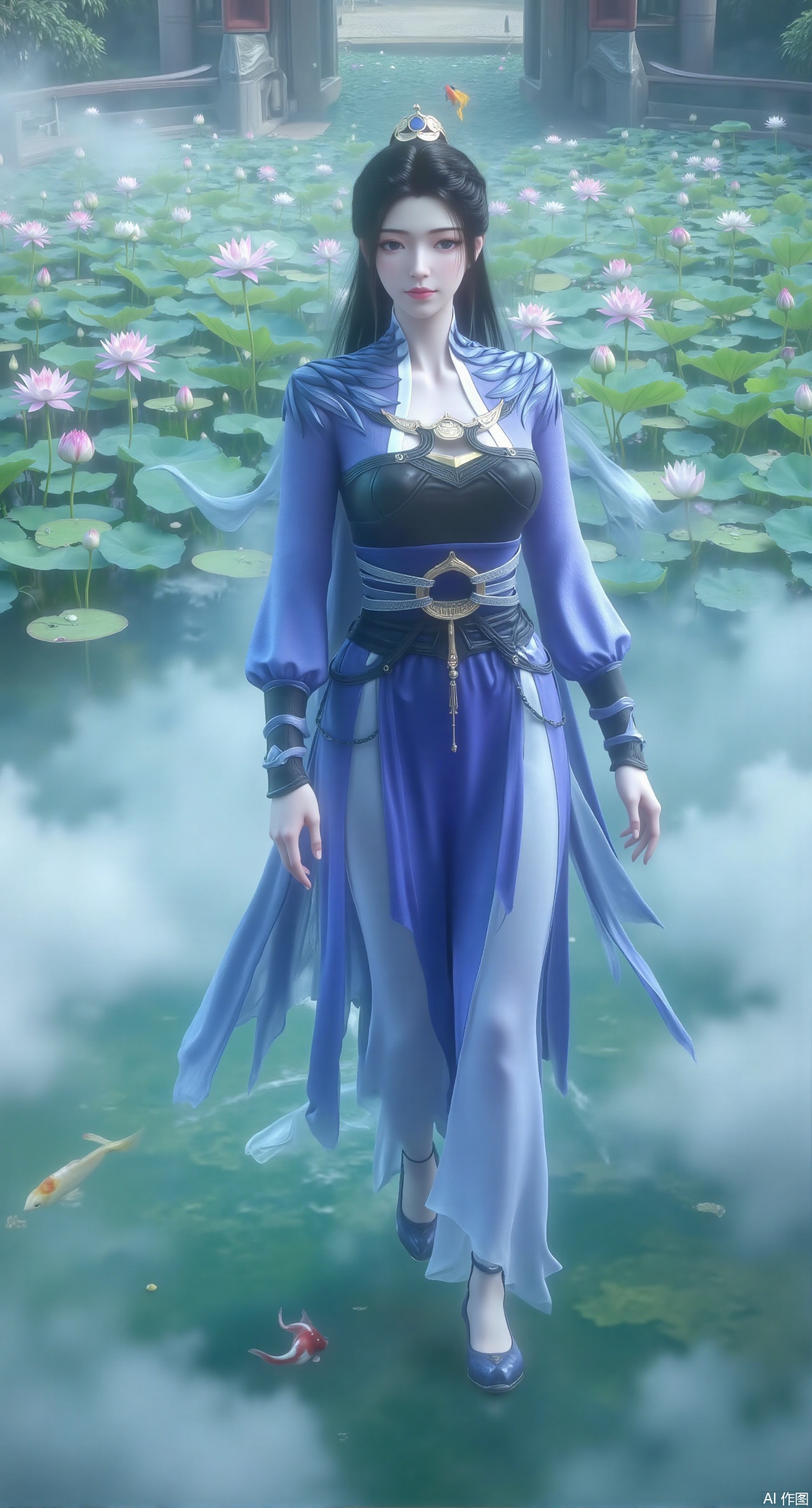 (masterpiece, best quality:1.2),A celestial maiden in Hanfu stands on a cloud, ethereal silk robes fluttering in the wind, swirling sea of clouds beneath her feet, (background reveals the emerald lotus pond of Penglai Wonderland with blooming pink-white lotuses:1.29), golden koi fish swimming in translucent water, soft morning light piercing through mist, ultra HD rendering showcases intricate embroidery on Hanfu, 8K detail captures dewdrops on lotus petals, dynamic lighting effects emphasize swirling mist movement, panoramic composition creates ethereal celestial atmosphere,(huge breasts:2.99),(full breasts:2.99),(Background with traditional Chinese architecture,Pond, water lilies:1.39)