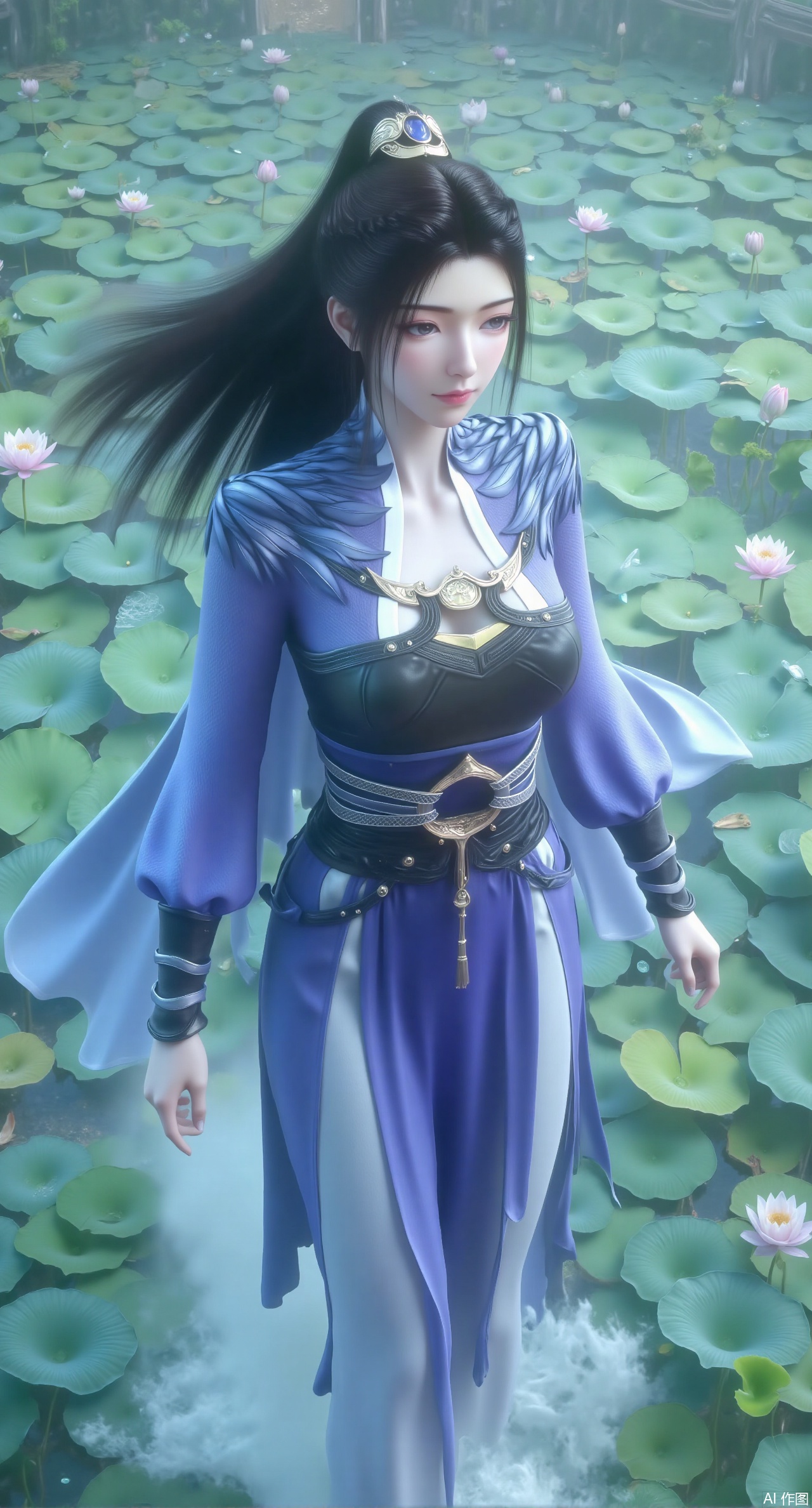 (masterpiece, best quality:1.2),A celestial maiden in Hanfu stands on a cloud, ethereal silk robes fluttering in the wind, swirling sea of clouds beneath her feet, (background reveals the emerald lotus pond of Penglai Wonderland with blooming pink-white lotuses:1.29), golden koi fish swimming in translucent water, soft morning light piercing through mist, ultra HD rendering showcases intricate embroidery on Hanfu, 8K detail captures dewdrops on lotus petals, dynamic lighting effects emphasize swirling mist movement, panoramic composition creates ethereal celestial atmosphere,(huge breasts:2.99),(full breasts:2.99),(Background with traditional Chinese architecture,Pond, water lilies:1.39)
