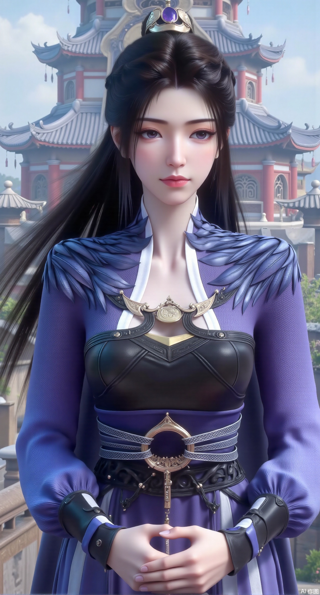 SFW,(masterpiece, top quality, best quality, official art, beautiful and aesthetic:1.2),Realistic,long dress,(Traditional Asian-inspired attire with a vibrant floral accessory and intricate hair ornament),realistic,hanfu photography,hanfu,1girl,fair_skin,glamor,very long hair,absurdres,incredibly absurdres,wallpaper,artbook,chinese_style_loft,turret,tower,handrail,plant,wisteria,spider_lily,face_focus,dynamic_angle,depth of field,looking_at_viewer,(huge breasts:2.99),(full breasts:2.99),(rose,rose sea:1.59)