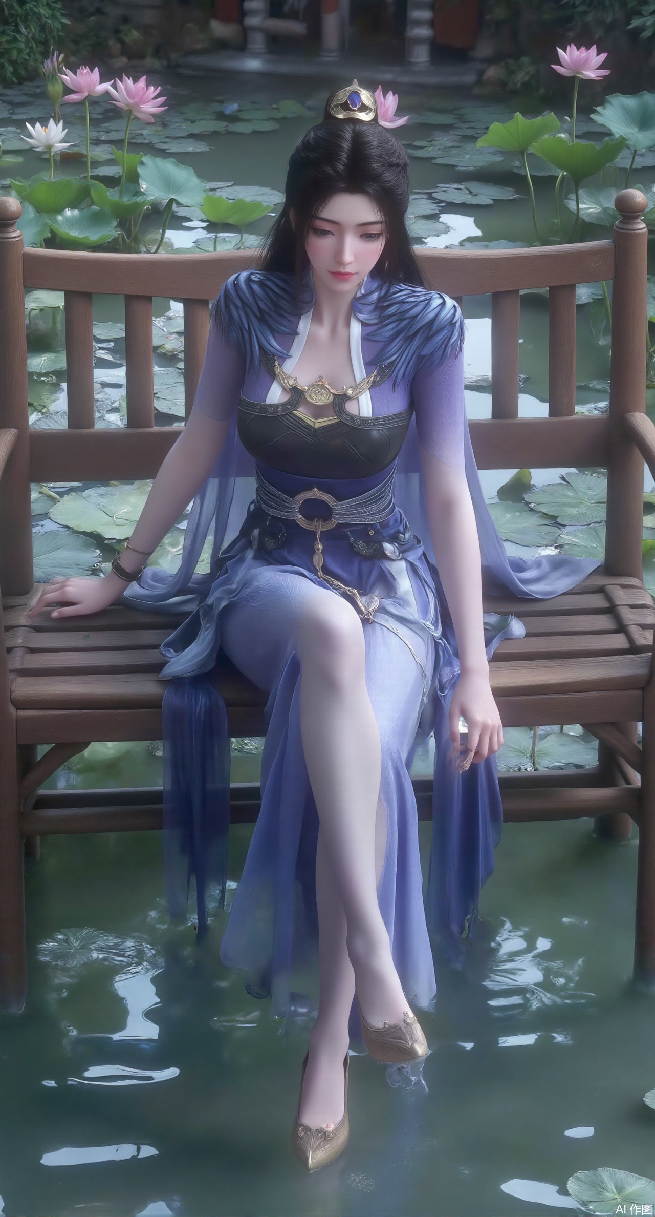 (masterpiece:1.2),best quality,The image is a digital illustration of a young woman sitting on a wooden bench in a pond with lily pads. She is wearing a long dress with design on the chest and sleeves. The dress has a high neckline and short sleeves,Holding a lotus in hand. She has long dark hair styled in loose waves and is wearing gold high heels. The woman is posing with one hand on her hip and the other resting on the edge of the bench. The background is filled with pink and white lotus flowers and green leaves. The overall mood of the image is peaceful and serene,(huge breasts:2.99),(full breasts:2.99),(Background with traditional Chinese architecture,Pond, water lilies:1.39),,XzilingXY3,XlimuwanJCY,XmoxianYK,Xfanlv