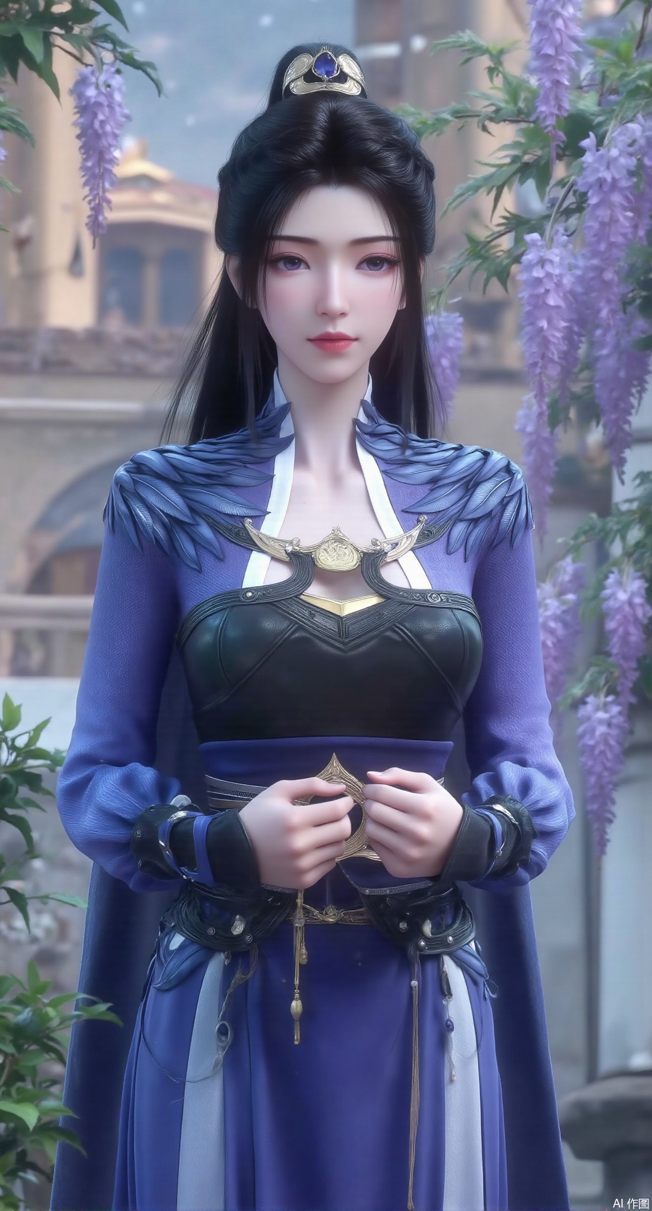 SFW,(masterpiece, top quality, best quality, official art, beautiful and aesthetic:1.2),Realistic,long dress,(Traditional Asian-inspired attire with a vibrant floral accessory and intricate hair ornament),realistic,hanfu photography,hanfu,1girl,fair_skin,glamor,very long hair,absurdres,incredibly absurdres,wallpaper,artbook,chinese_style_loft,turret,tower,handrail,plant,wisteria,spider_lily,face_focus,dynamic_angle,depth of field,looking_at_viewer,(huge breasts:2.99),(full breasts:2.99),(rose,rose sea:1.59),XzilingXY3,XlimuwanJCY,XmoxianYK,Xfanlv