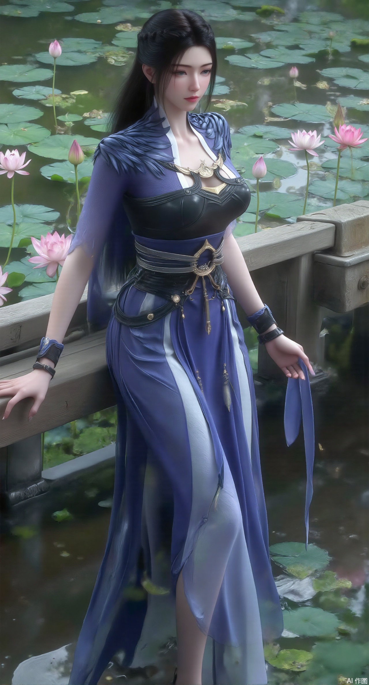 (masterpiece:1.2),best quality,The image is a digital illustration of a young woman sitting on a wooden bench in a pond with lily pads. She is wearing a long dress with design on the chest and sleeves. The dress has a high neckline and short sleeves,Holding a lotus in hand. She has long dark hair styled in loose waves and is wearing gold high heels. The woman is posing with one hand on her hip and the other resting on the edge of the bench. The background is filled with pink and white lotus flowers and green leaves. The overall mood of the image is peaceful and serene,(huge breasts:2.99),(full breasts:2.99),(Background with traditional Chinese architecture,Pond, water lilies:1.39),,XzilingXY3,XlimuwanJCY,XmoxianYK,Xfanlv