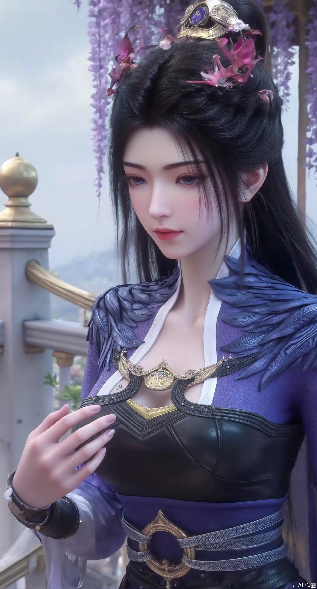 SFW,(masterpiece, top quality, best quality, official art, beautiful and aesthetic:1.2),Realistic,long dress,(Traditional Asian-inspired attire with a vibrant floral accessory and intricate hair ornament),realistic,hanfu photography,hanfu,1girl,fair_skin,glamor,very long hair,absurdres,incredibly absurdres,wallpaper,artbook,chinese_style_loft,turret,tower,handrail,plant,wisteria,spider_lily,face_focus,dynamic_angle,depth of field,looking_at_viewer,(huge breasts:2.99),(full breasts:2.99),(rose,rose sea:1.59),XzilingXY3,XlimuwanJCY,XmoxianYK,Xfanlv