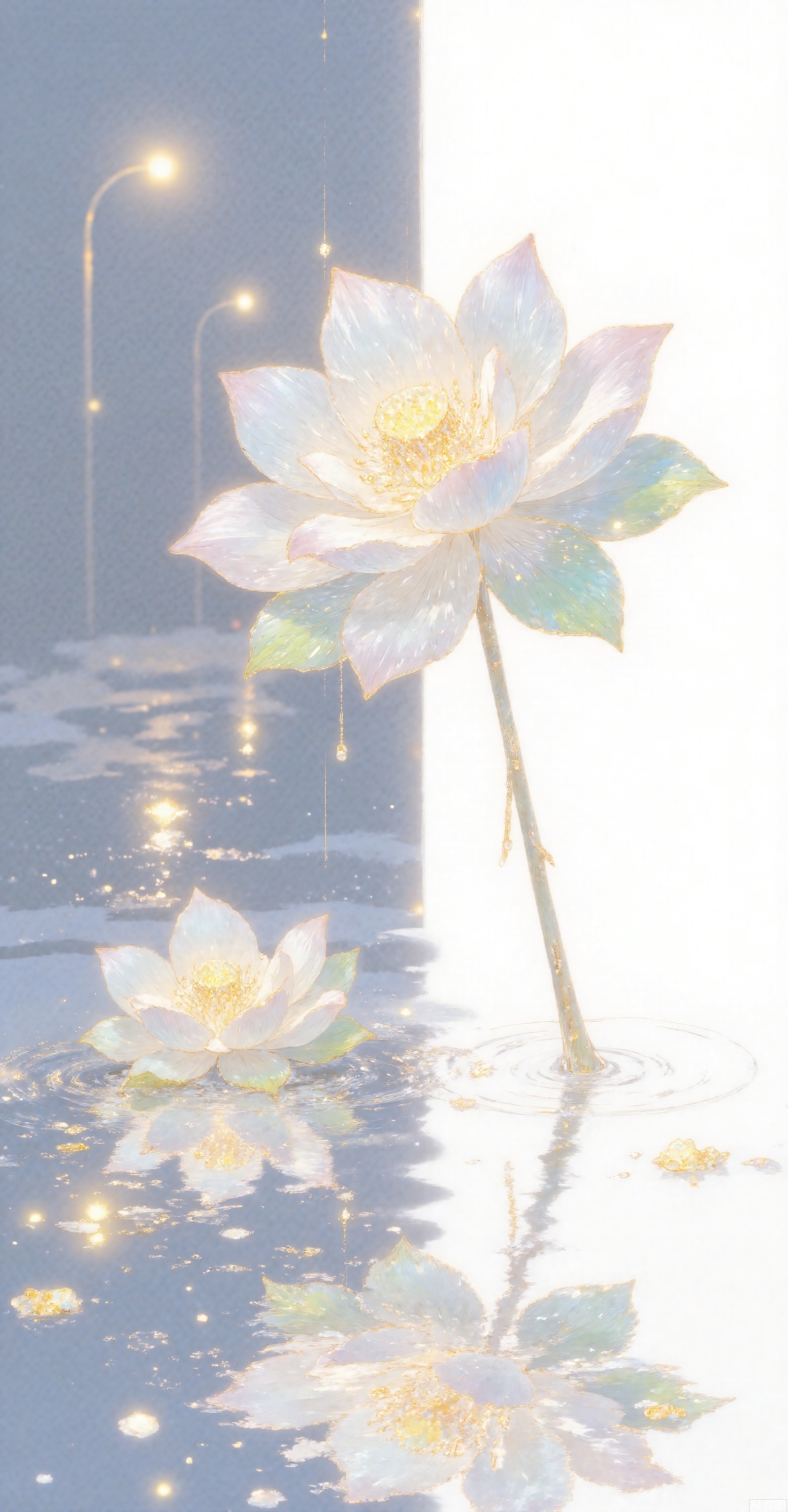 Single branch lotus in pure white space, background rendering ink and bleaching effect, golden thin lines outlined in the white space - blurred street lights in the gray-blue rain curtain, warm light forms geometric spots in the reflection of the puddle - translucent silk floating in front of the solid background, light and shadow flow between folds like liquid metal