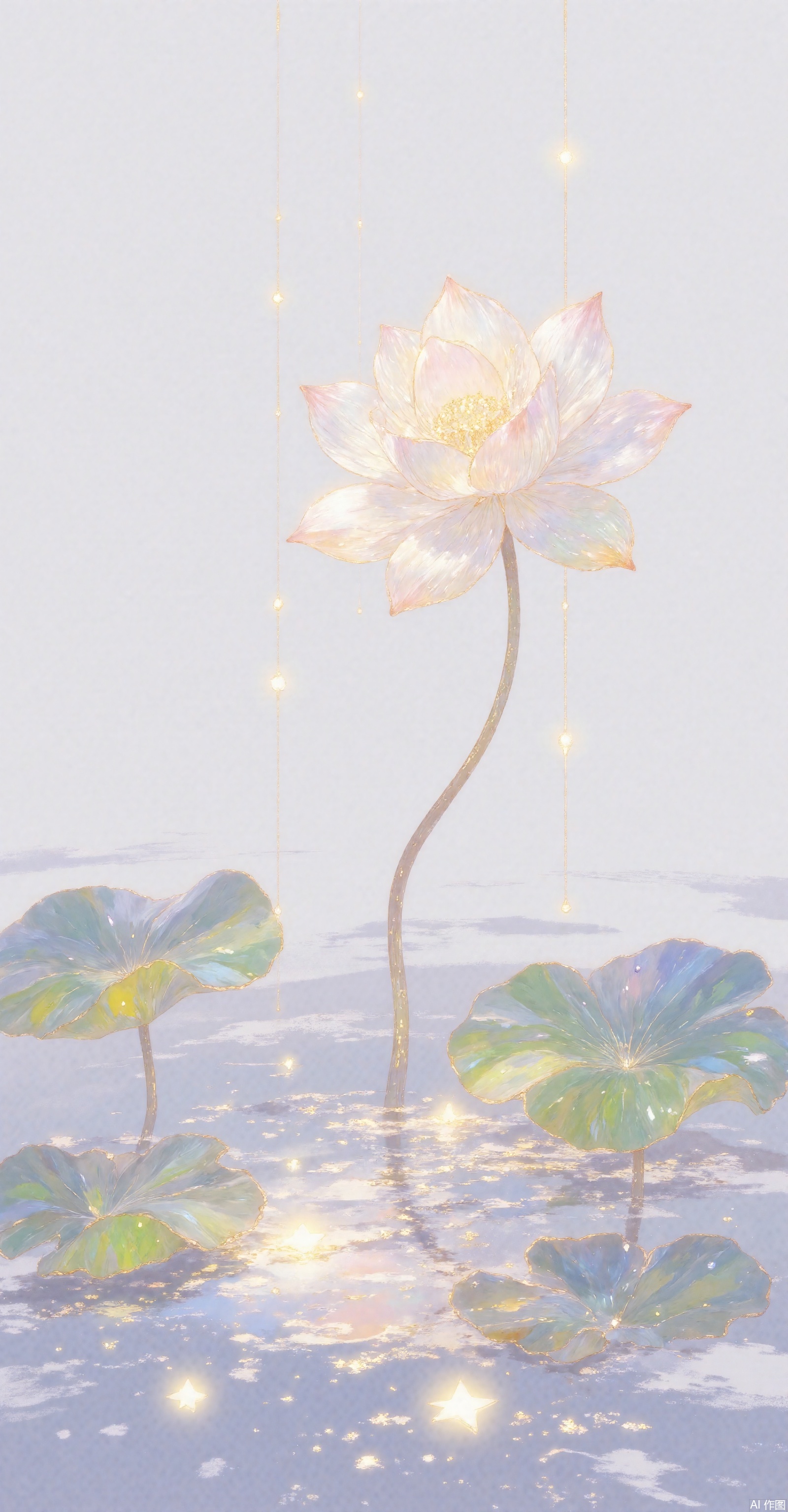 Single branch lotus in pure white space, background rendering ink and bleaching effect, golden thin lines outlined in the white space - blurred street lights in the gray-blue rain curtain, warm light forms geometric spots in the reflection of the puddle - translucent silk floating in front of the solid background, light and shadow flow between folds like liquid metal