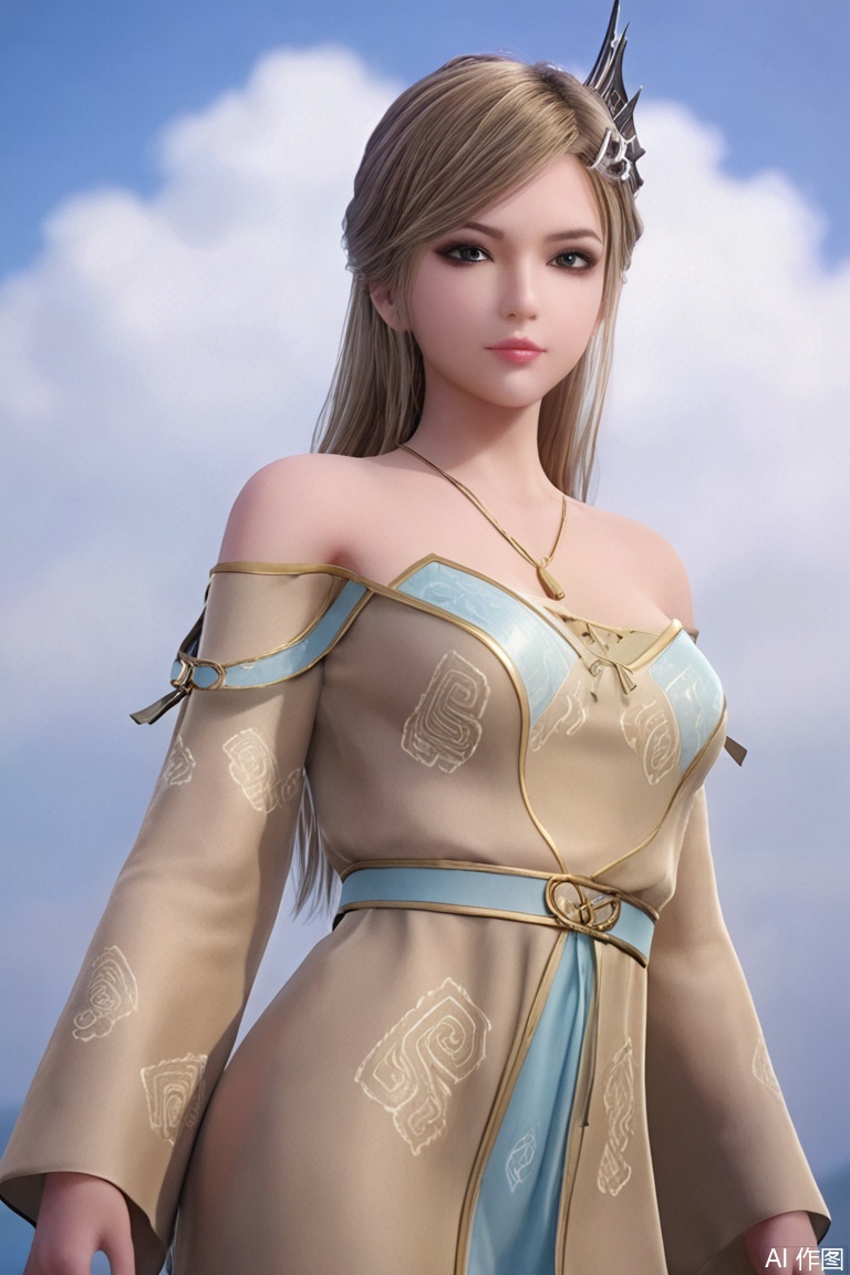 1girl, dark long hair, metal textured hair accessories on her hair, exquisite makeup, light blue and khaki off-shoulder costume, white pattern decoration on her clothes, khaki long sleeves, lace-up design at her waist, blue sky and white clouds in the background, realistic style, medium shot.,JingNi