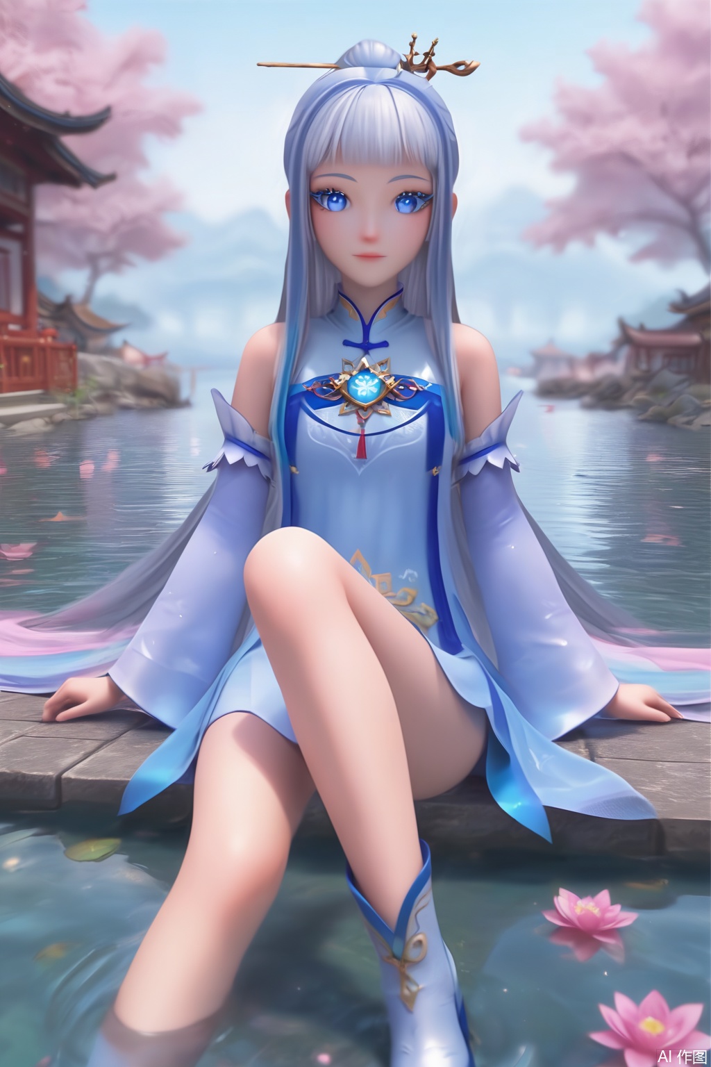 score_9,score_8_up,score_7_up,1girl,solo,long hair,looking at viewer,bangs,blue eyes,eyelashes,hair ornament,multicolored hair,dress,bare shoulders,blue hair,detached sleeves,blunt bangs,dress,shiny skin,happiness,wide sleeves,chinese clothes,facing viewer,faceoff,pov,boots,white footwear,leg lift,sitting,water,Fish pond,Moonlight over the Lotus Pond,Cherry Blossoms,flower,