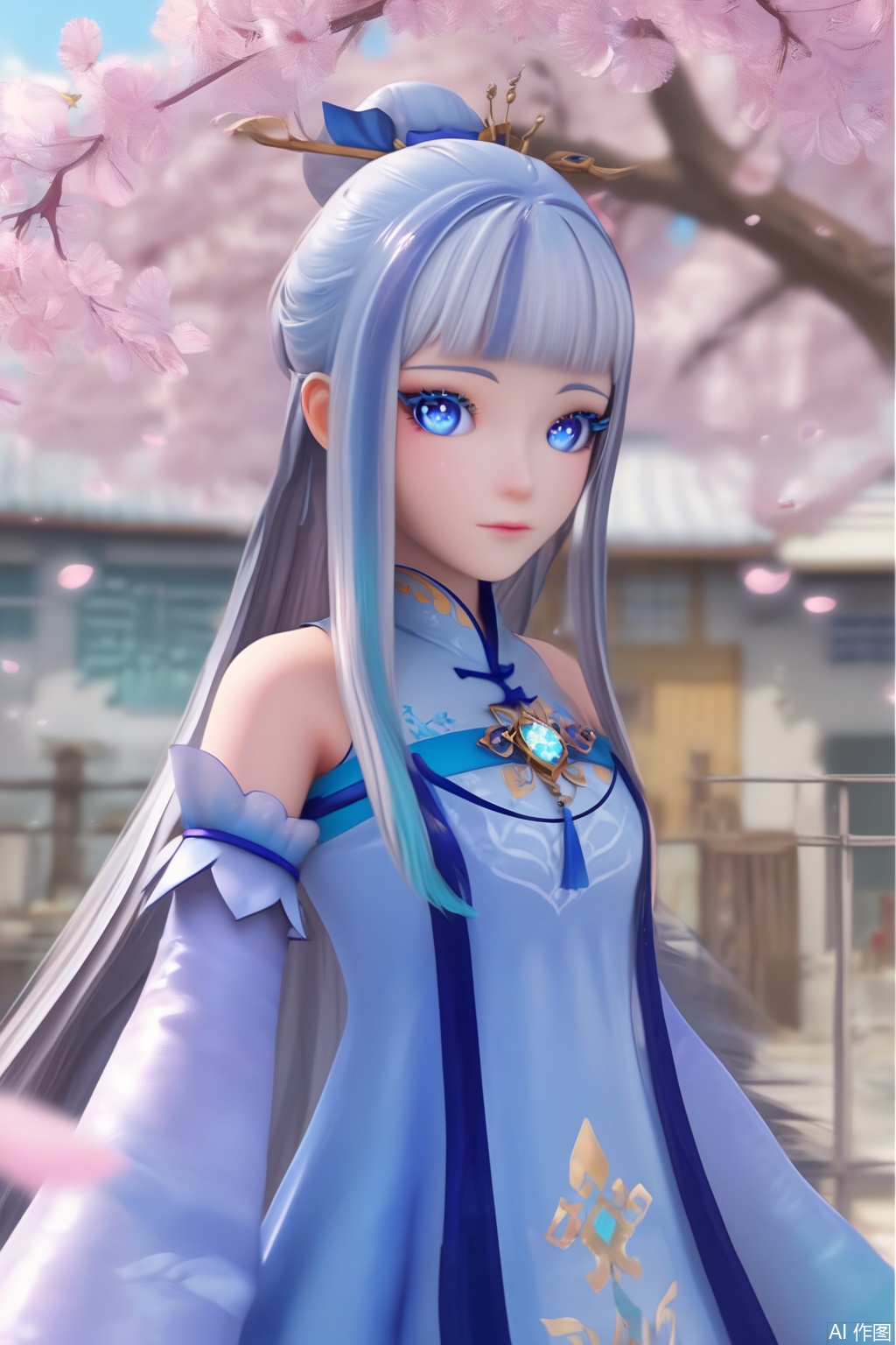 score_9,score_8_up,score_7_up,1girl,solo,long hair,looking at viewer,bangs,blue eyes,eyelashes,hair ornament,multicolored hair,dress,bare shoulders,blue hair,detached sleeves,blunt bangs,dress,Cherry Blossoms,flower,shiny skin,hand up,happiness,wide sleeves,basement,hair bow,chinese clothes,facing viewer,faceoff,pov,(Prison:1.3)