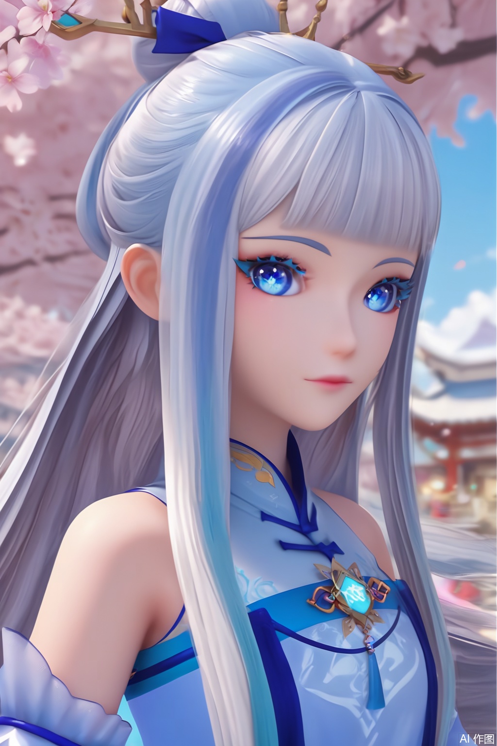 score_9,score_8_up,score_7_up,1girl,solo,long hair,looking at viewer,bangs,blue eyes,eyelashes,hair ornament,multicolored hair,dress,bare shoulders,blue hair,detached sleeves,blunt bangs,dress,Cherry Blossoms,flower,shiny skin,hand up,upper body,happiness,wide sleeves,basement,long fingernails,nail art,hair bow,chinese clothes,