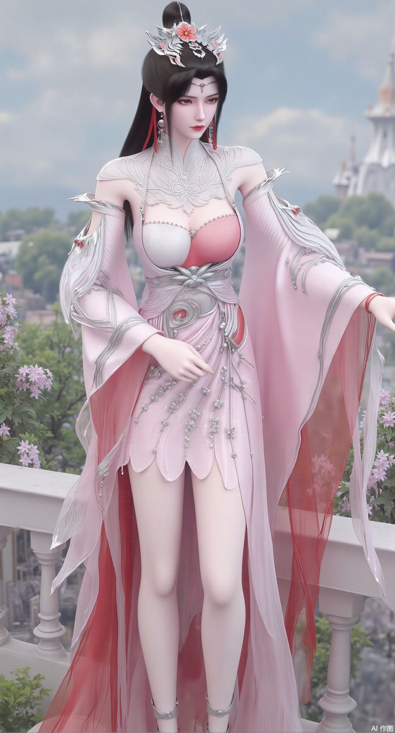 (masterpiece:1.2),best quality,hanfu,(Traditional Asian-inspired attire with a vibrant floral accessory and intricate hair ornament), realistic,hanfu photography, hanfu,1girl,fair_skin,glamor,very long hair,absurdres,incredibly absurdres,wallpaper,artbook,chinese_style_loft,turret,tower,handrail,plant,wisteria,spider_lily,face_focus,dynamic_angle,depth of field,looking_at_viewer,(huge breasts:2.99),(full breasts:2.99),(very long legs,Diamond-studded high heels:1.5),,XliumeiYK