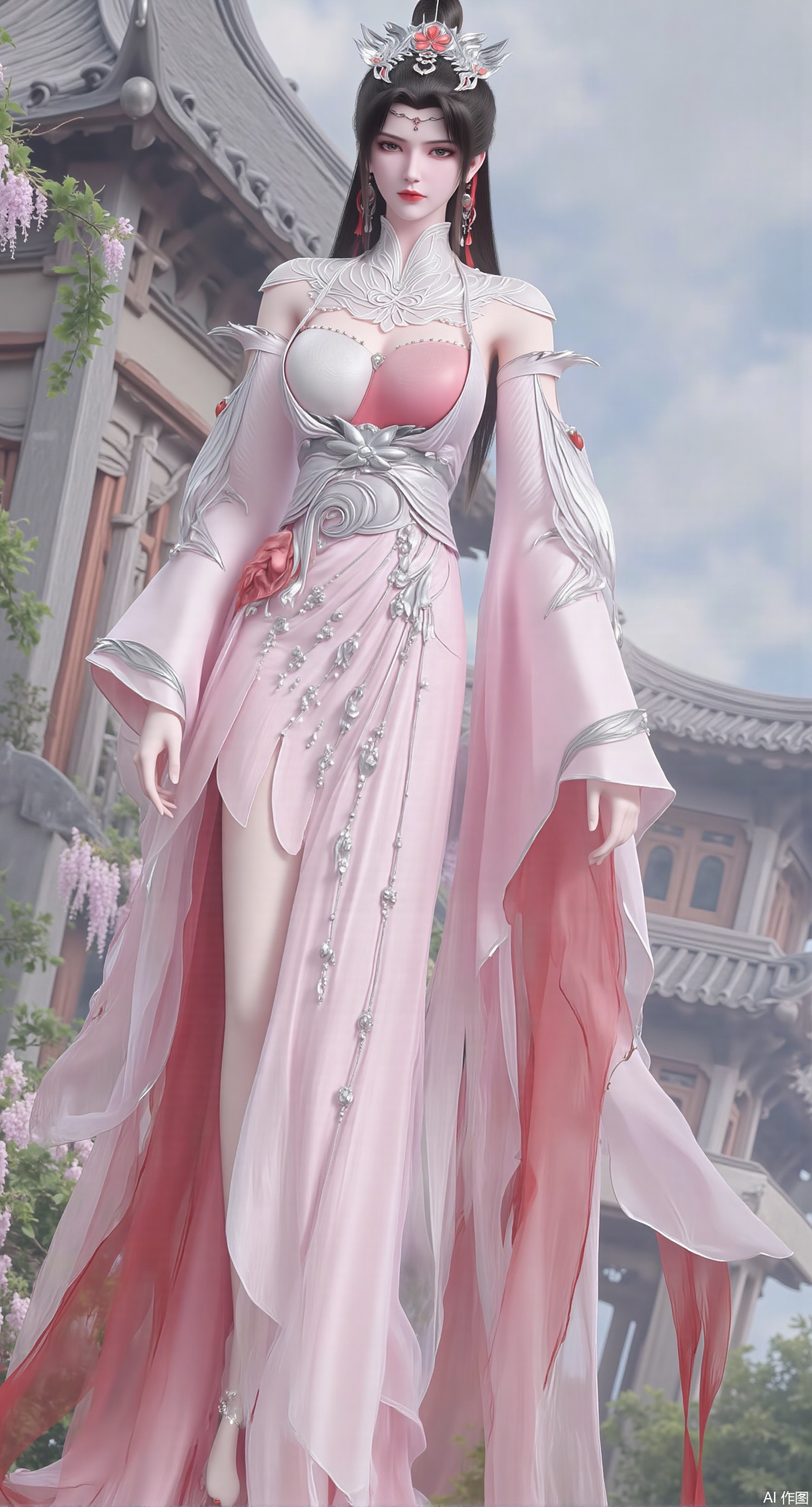 (masterpiece:1.2),best quality,hanfu,(Traditional Asian-inspired attire with a vibrant floral accessory and intricate hair ornament), realistic,hanfu photography, hanfu,1girl,fair_skin,glamor,very long hair,absurdres,incredibly absurdres,wallpaper,artbook,chinese_style_loft,turret,tower,handrail,plant,wisteria,spider_lily,face_focus,dynamic_angle,depth of field,looking_at_viewer,(huge breasts:2.99),(full breasts:2.99),(very long legs,Diamond-studded high heels:1.5),,XliumeiYK