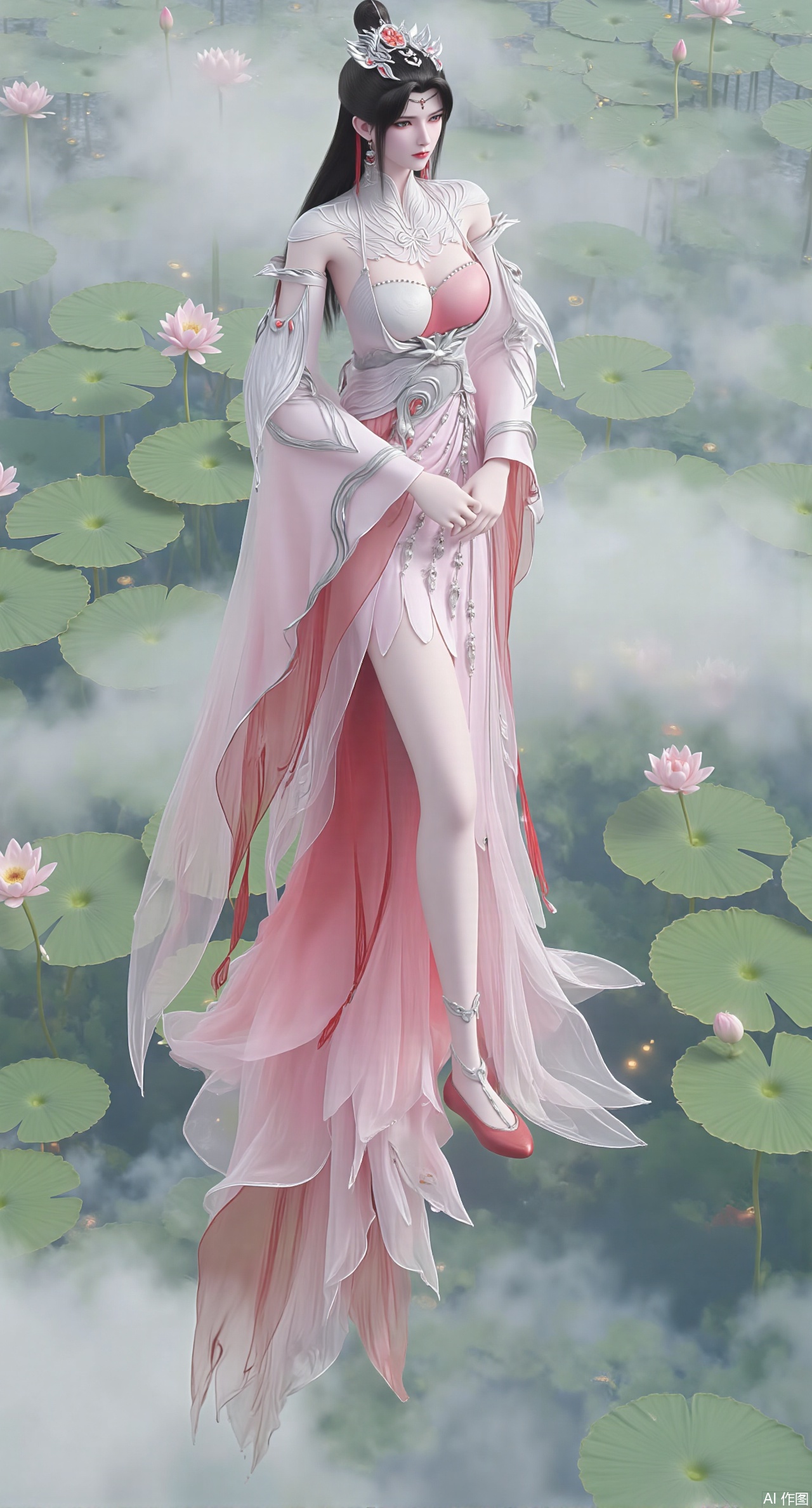 (masterpiece, best quality:1.2),A celestial maiden in Hanfu stands on a cloud, ethereal silk robes fluttering in the wind, swirling sea of clouds beneath her feet, (background reveals the emerald lotus pond of Penglai Wonderland with blooming pink-white lotuses:1.29), golden koi fish swimming in translucent water, soft morning light piercing through mist, ultra HD rendering showcases intricate embroidery on Hanfu, 8K detail captures dewdrops on lotus petals, dynamic lighting effects emphasize swirling mist movement, panoramic composition creates ethereal celestial atmosphere,(huge breasts:2.99),(full breasts:2.99),(Background with traditional Chinese architecture,Pond, water lilies:1.39),XliumeiYK