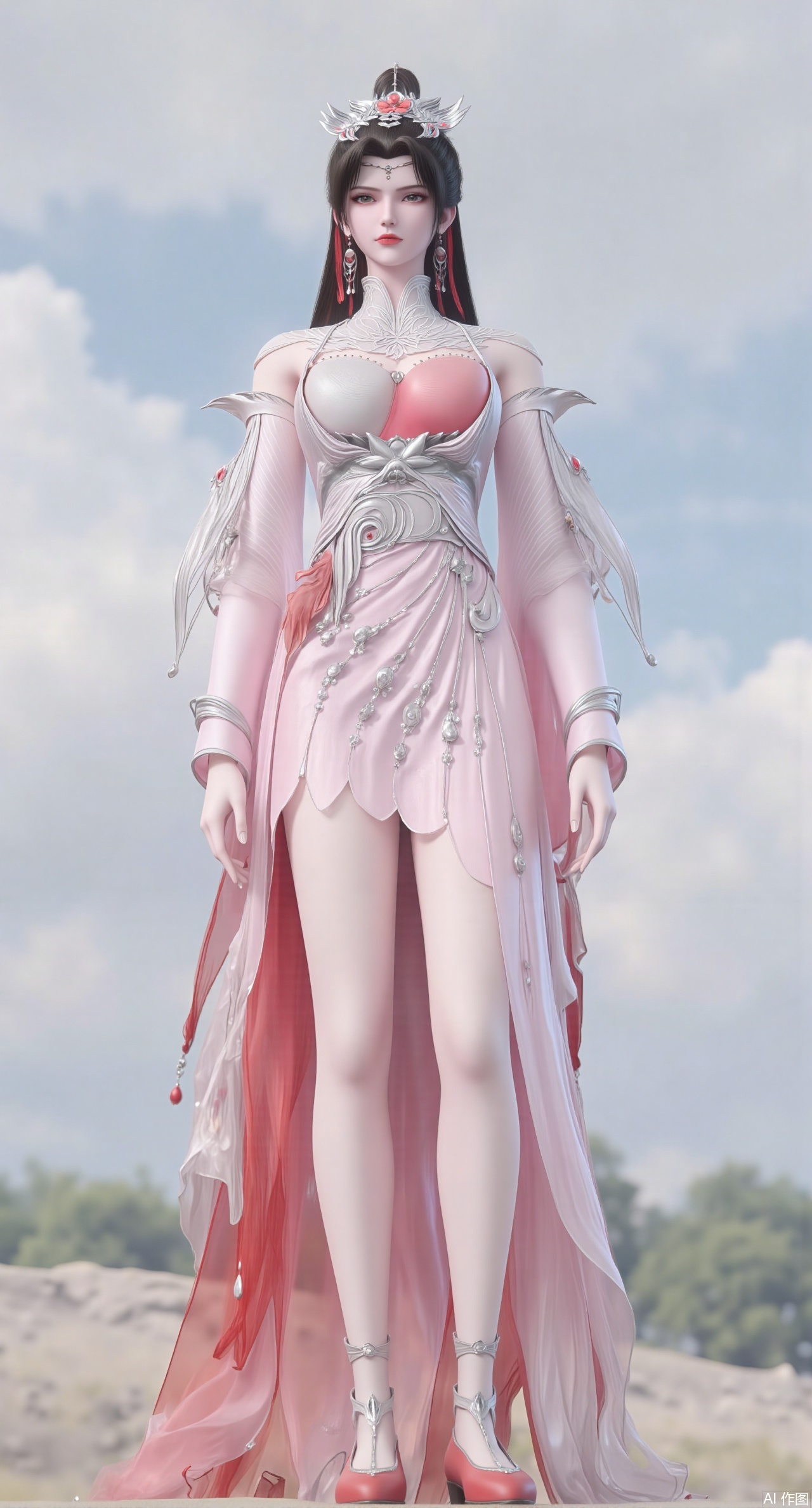 (masterpiece:1.2),best quality,3D animation,CG,absurdres,masterpiece,original,extremely detailed wallpaper,perfect lighting,(extremely detailed CG:1.2),1girl,solo,standing,(huge breasts:2.69),(full breasts:2.59),,looking at viewer,(cowboy_shot:1.1),long hair,high heels,blurry background,depth of field,motion blur,long dress,china_dress,chinese_style,bare shouders,crystal_earrings,headpiece,hair_tie,chest_jewel,gem,necklace,jewelry,in summer,day,outdoors,nature,sea,(rose,beach:1.49),(huge breasts:2.99),(full breasts:2.99),(very long legs,Diamond-studded high heels:1.5),,XliumeiYK