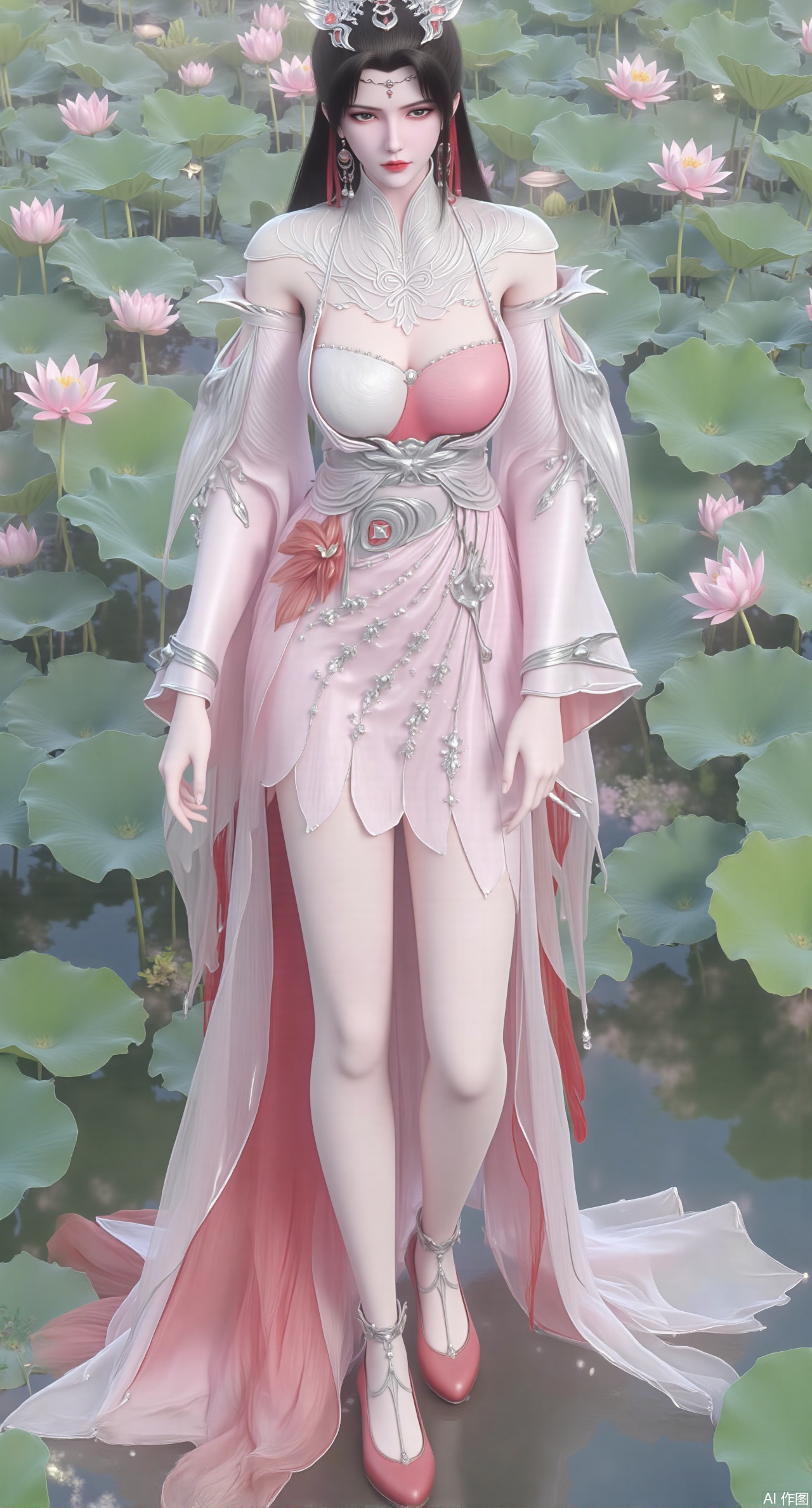 (masterpiece:1.2),best quality,absurdres,masterpiece,original,extremely detailed wallpaper,perfect lighting,(extremely detailed CG:1.2),1girl,solo,standing,looking at viewer,(cowboy_shot:1.3),black hair,long hair,high heels,blurry background,depth of field,motion blur,short dress,china_dress,chinese_style,bare shouders,crystal_earrings,headpiece,hair_tie,chest_jewel,gem,necklace,jewelry,in summer,day,outdoors,nature,sea,(beach:1.4),(huge breasts:2.99),(full breasts:2.99),(lotus pond and pink lotus flowers:1.59),,(very long legs,Diamond-studded high heels:1.5),XliumeiYK