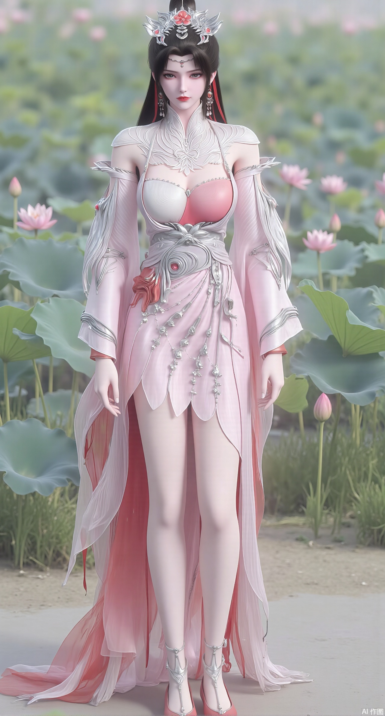 (masterpiece:1.2),best quality,absurdres,masterpiece,original,extremely detailed wallpaper,perfect lighting,(extremely detailed CG:1.2),1girl,solo,standing,looking at viewer,(cowboy_shot:1.3),black hair,long hair,high heels,blurry background,depth of field,motion blur,short dress,china_dress,chinese_style,bare shouders,crystal_earrings,headpiece,hair_tie,chest_jewel,gem,necklace,jewelry,in summer,day,outdoors,nature,sea,(beach:1.4),(huge breasts:2.99),(full breasts:2.99),(lotus pond and pink lotus flowers:1.59),,(very long legs,Diamond-studded high heels:1.5),XliumeiYK
