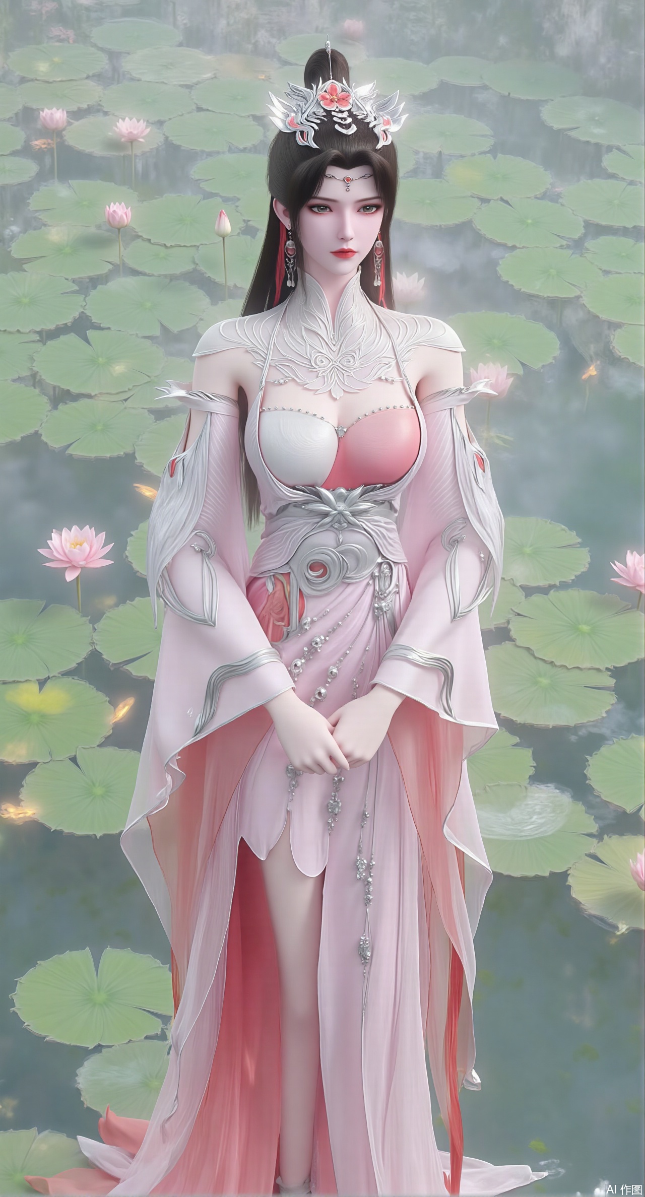 (masterpiece, best quality:1.2),A celestial maiden in Hanfu stands on a cloud, ethereal silk robes fluttering in the wind, swirling sea of clouds beneath her feet, (background reveals the emerald lotus pond of Penglai Wonderland with blooming pink-white lotuses:1.29), golden koi fish swimming in translucent water, soft morning light piercing through mist, ultra HD rendering showcases intricate embroidery on Hanfu, 8K detail captures dewdrops on lotus petals, dynamic lighting effects emphasize swirling mist movement, panoramic composition creates ethereal celestial atmosphere,(huge breasts:2.99),(full breasts:2.99),(Background with traditional Chinese architecture,Pond, water lilies:1.39),XliumeiYK