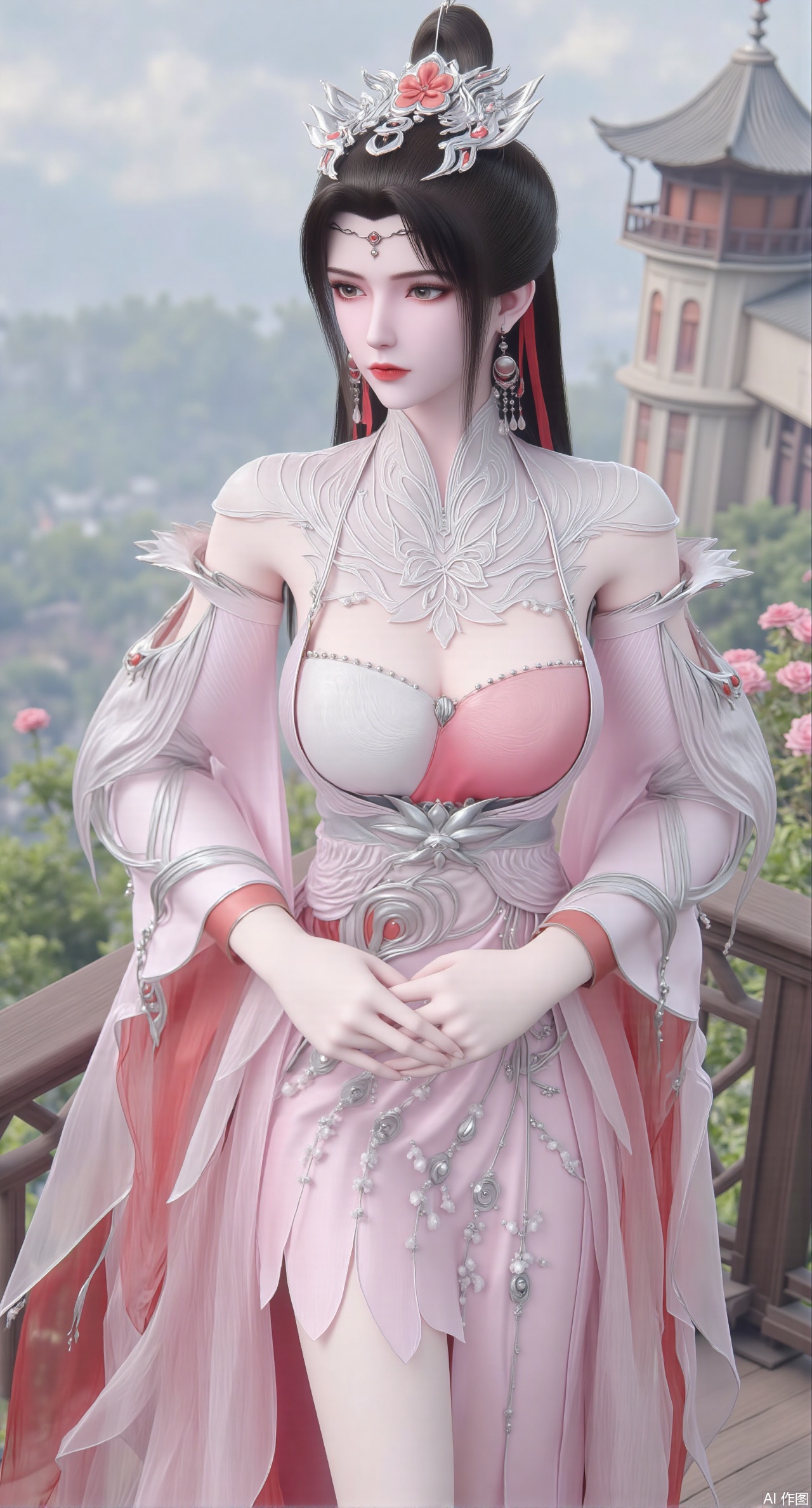 (masterpiece, top quality, best quality, official art, beautiful and aesthetic:1.2),Realistic,long dress,(Traditional Asian-inspired attire with a vibrant floral accessory and intricate hair ornament),realistic,hanfu photography,hanfu,1girl,fair_skin,glamor,very long hair,absurdres,incredibly absurdres,wallpaper,artbook,chinese_style_loft,turret,tower,handrail,plant,wisteria,spider_lily,face_focus,dynamic_angle,depth of field,looking_at_viewer,(huge breasts:2.99),(full breasts:2.99),(rose,rose sea:1.59),XliumeiYK