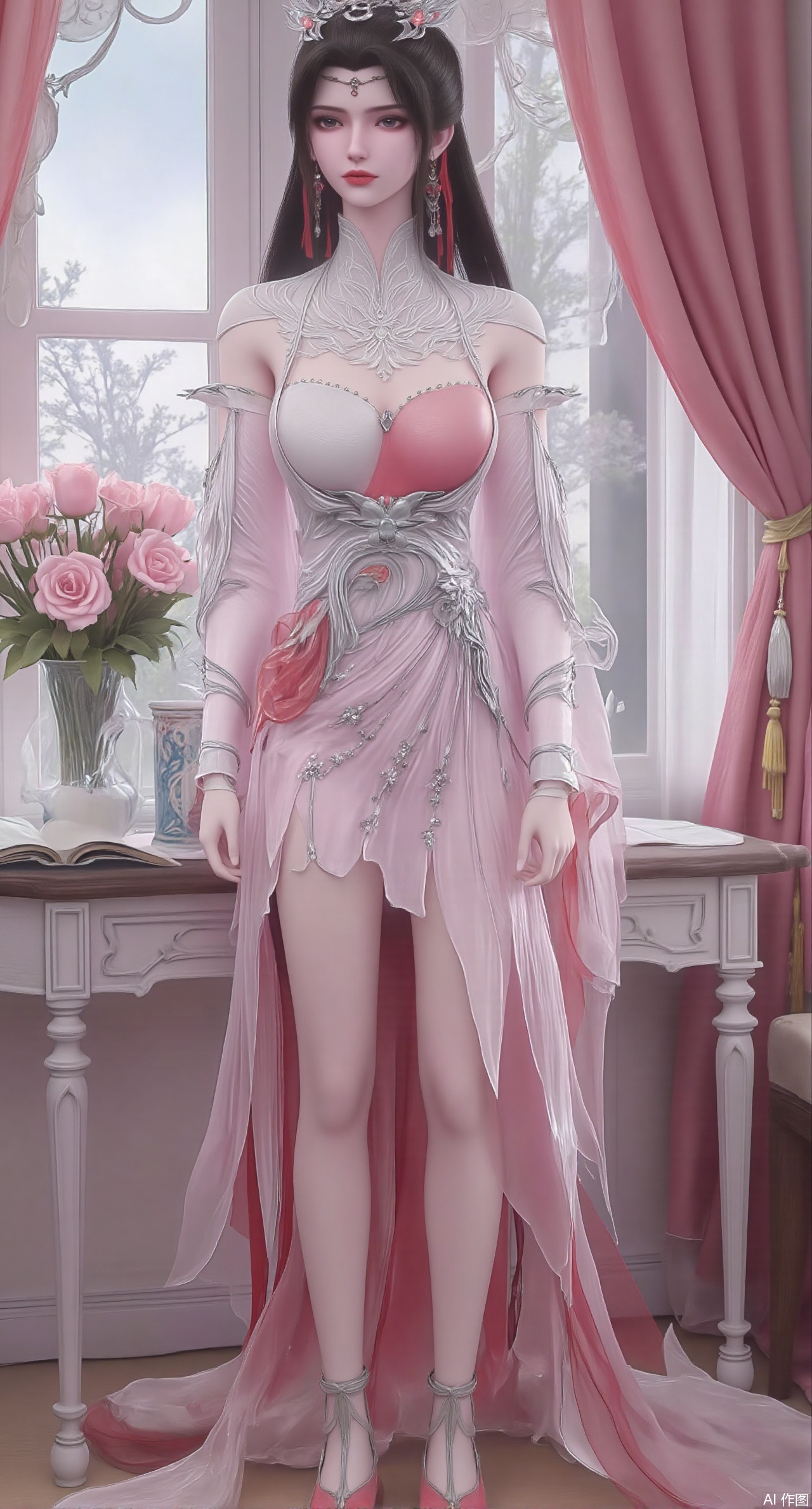  (masterpiece:1.2),best quality,Ultra clear, wallpaper, 8k, masterpiece, 1girl, solo, long hair, breasts, looking at viewer, bangs, large breasts,long dress,, bare shoulders, jewelry, black hair, standing, purple eyes, full body, flower, thighs, indoors, hair bun, long dress, high heels, cup, see-through, book, bare legs, window, table, white footwear, standing on one leg, curtains, pink flower, side slit, vase, ,(huge breasts:2.99),(full breasts:2.99),,,(pink rose flowers:1.59),,XzilingXY3,XlimuwanJCY,XmoxianYK,Xfanlv
