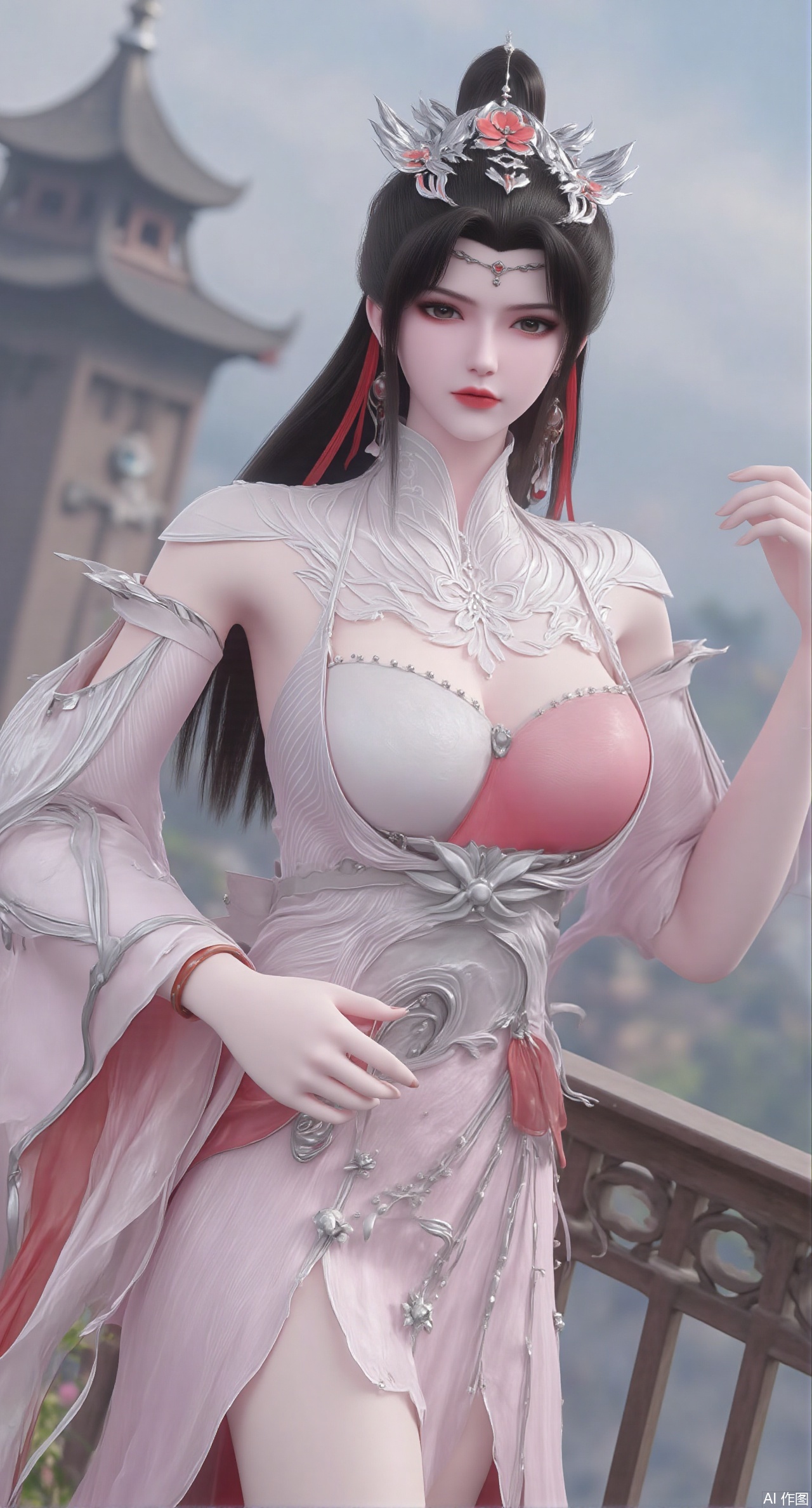 SFW,(masterpiece, top quality, best quality, official art, beautiful and aesthetic:1.2),Realistic,long dress,(Traditional Asian-inspired attire with a vibrant floral accessory and intricate hair ornament),realistic,hanfu photography,hanfu,1girl,fair_skin,glamor,very long hair,absurdres,incredibly absurdres,wallpaper,artbook,chinese_style_loft,turret,tower,handrail,plant,wisteria,spider_lily,face_focus,dynamic_angle,depth of field,looking_at_viewer,(huge breasts:2.99),(full breasts:2.99),(rose,rose sea:1.59),,XzilingXY3,XlimuwanJCY,XmoxianYK,Xfanlv