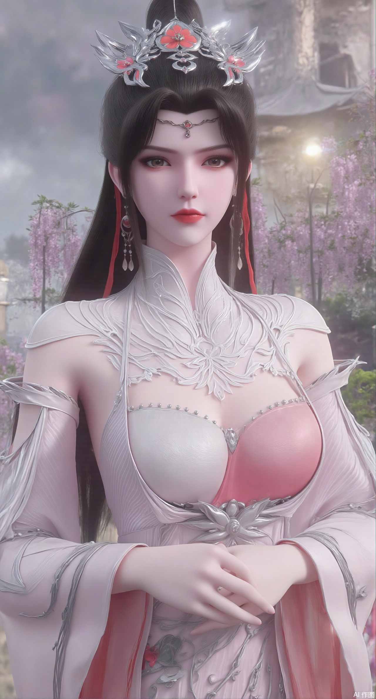 SFW,(masterpiece, top quality, best quality, official art, beautiful and aesthetic:1.2),Realistic,long dress,(Traditional Asian-inspired attire with a vibrant floral accessory and intricate hair ornament),realistic,hanfu photography,hanfu,1girl,fair_skin,glamor,very long hair,absurdres,incredibly absurdres,wallpaper,artbook,chinese_style_loft,turret,tower,handrail,plant,wisteria,spider_lily,face_focus,dynamic_angle,depth of field,looking_at_viewer,(huge breasts:2.99),(full breasts:2.99),(rose,rose sea:1.59),,XzilingXY3,XlimuwanJCY,XmoxianYK,Xfanlv