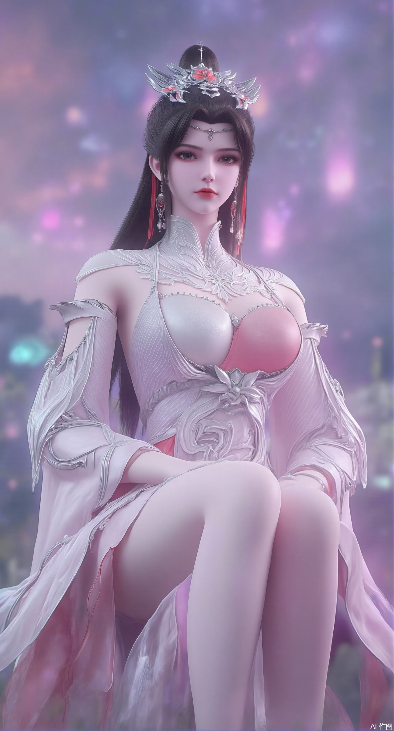 (masterpiece:1.2),best quality,,an anime CG style image.A girl has long purple hair,There is a crown on her head,She has beautiful and delicate facial features, fair skin, and wearing a white dress,sitting Floating islands in celestial valley, bioluminescent flora under starlight, pastel pink and aqua auroras, dreamlike composition with impossible physics, 3D render style.(huge breasts:2.99),(full breasts:2.99),XzilingXY3,XlimuwanJCY,XmoxianYK,Xfanlv