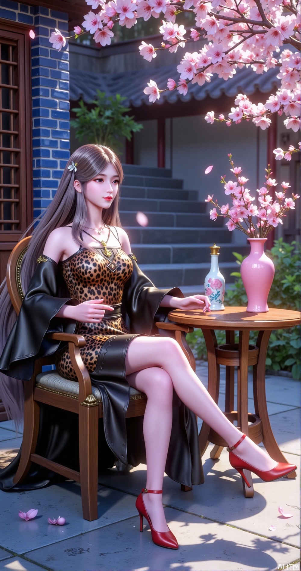 This image is like a long scroll of meticulous brushwork kissed by spring, with each frame flowing with a poetic narrative. In the center of the picture, a beauty sits gracefully on a wooden hoop chair. Her body wrapped in leopard - print silk is as elegant and dangerous as a cheetah, and at the same time, the drooping fabric with a pearl - like luster reveals an Eastern - style softness. Her violet - colored long hair is like a flowing galaxy, and the gold - inlaid hairpins in her hair tremble gently in the breeze, as if holding the moonlight fragments of the imperial palaces of thousands of years.
Her crossed legs are faintly visible under the black silk mist. The scarlet high - heeled shoes are like two cinnabar dots falling on an ink - wash painting, engaging in a dialogue across time and space with the pink - glazed porcelain vase inside the window lattice of the Chinese - style building behind. In the courtyard with blue bricks and black tiles, the cherry blossoms are like a rolling rosy cloud. The falling petals spread out like a fragrant sea of snow on the stone steps. The cherry petals resting on the edge of the wooden tea table and her slender hand gently placed on the table edge form a delicate golden ratio. The most wonderful thing is the mirror magic of the glass - flower window - the cherry branches in the bottle are both the real scene and the reflection, making the framed - view aesthetics of traditional gardens and the sense of transparency and overlap of modern materials blend seamlessly in a small space. This frame of the picture is like a visual symphony jointly composed by natural creatures and human cultural creations, with every detail whispering the whispers of spring.