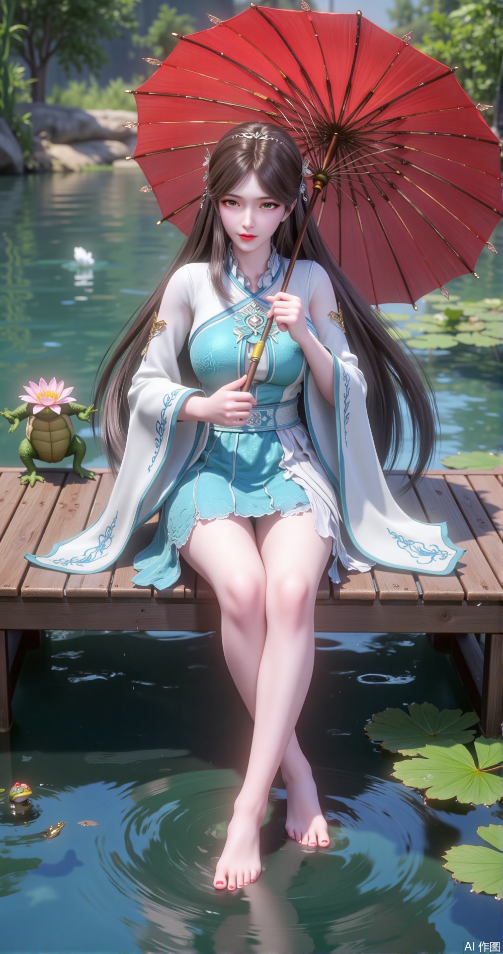 1girl, umbrella,hanfu,barefoot, oil-paper umbrella, frog, black hair, bamboo, water, solo, hanfu, korean clothes, chinese clothes, sitting, holding umbrella, chinese text, bare legs, hair ornament, ripples, red umbrella, lily pad, red nails, holding, soaking feet, animal, turtle, long sleeves, nail polish
//,
photorealistic,Artist:na-ga,(quasarcake:0.2),(wanke:0.9),[Artist:chen bin],Artist:tidsean,[Artist:sk (askzy)],(artist:tokkyu:0.5),(artist:momoko \(momopoco\):0.5),himitsu_(hi_mi_tsu_2),
//,,,