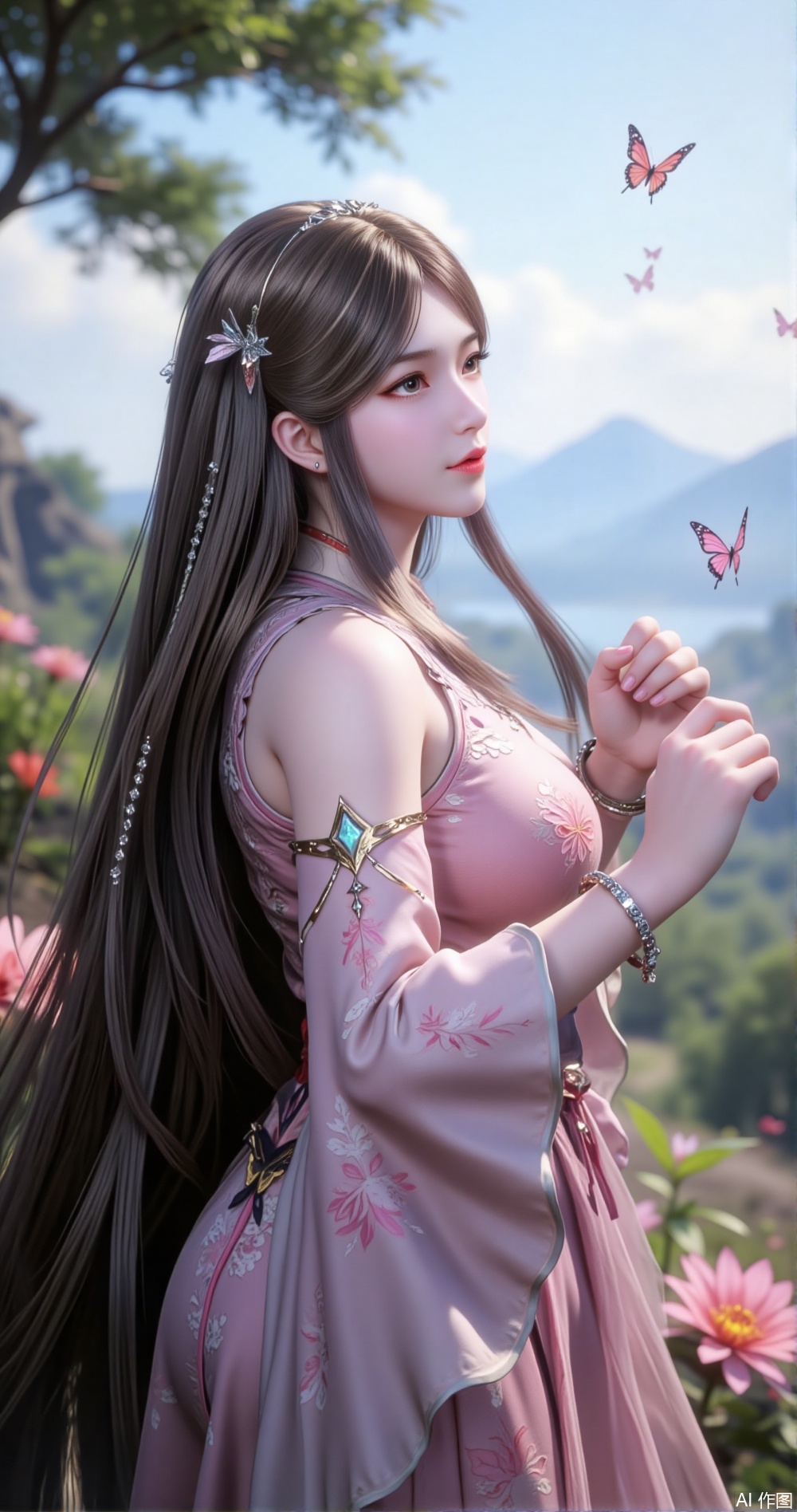 A long-haired woman stands in a dream garden, gazing into the distance, as if playing a silent solo. Her black hair cascades like silk, adorned with exquisite hair ornaments, with a few butterflies dancing among her hair strands, as if attracted by her beauty. She wears a floral-printed Hanfu, embroidered with magnificent floral patterns, the silk fabric shimmering with soft light in the dream.

Her full-face appearance is exquisitely beautiful, her eyes as deep as stars, exuding a sense of mystery and gentleness. Her makeup is subtle, her lips as pink as cherry blossoms, her mouth slightly curved with an enigmatic smile. Her wrist is adorned with a shimmering bracelet, swaying gently with her movements, emitting soft, crisp sounds, as if accompanying her silent solo.

Surrounding her is a dream garden, where various exotic flowers are in full bloom, releasing faint fragrances, as if offering their most sincere blessings to her. The distant mountains are faintly visible through the mist, as if marking the boundary between reality and dreams.

The entire scene is imbued with surrealistic imagery, where the woman's gazing into the distance merges perfectly with the dream garden's atmosphere, as if she is the ruler of this realm. Her solo, though silent, is filled with power, as if it could pierce through time and space, touching the hearts of every observer.
