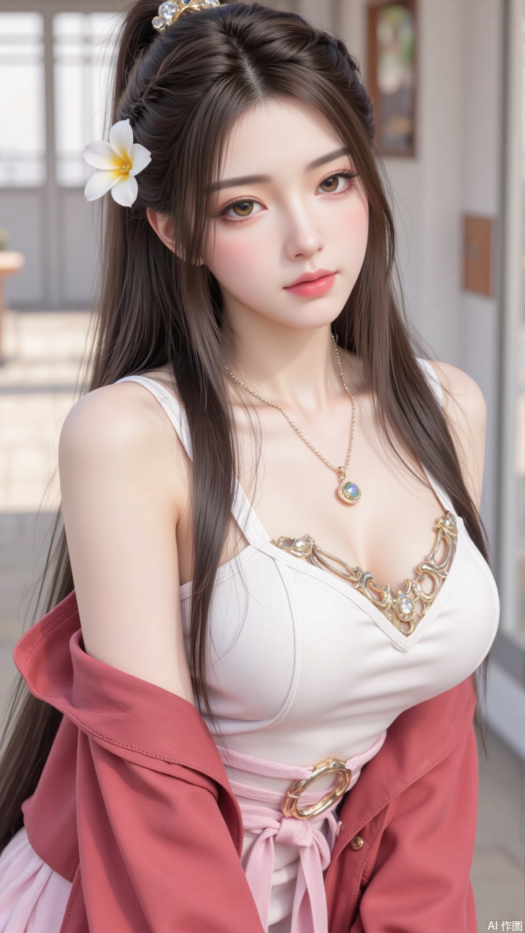 1girl,solo,jewelry,flower,hair flower,hair ornament,necklace,realistic,brown eyes,looking at viewer,dress,blurry background,twin braids,blurry,white dress,long hair,upper body,breasts,pink bow,red jacket,bare shoulders,lips,collarbone,outdoors,cleavage,large natural breast,soft breasts,huge Breasts