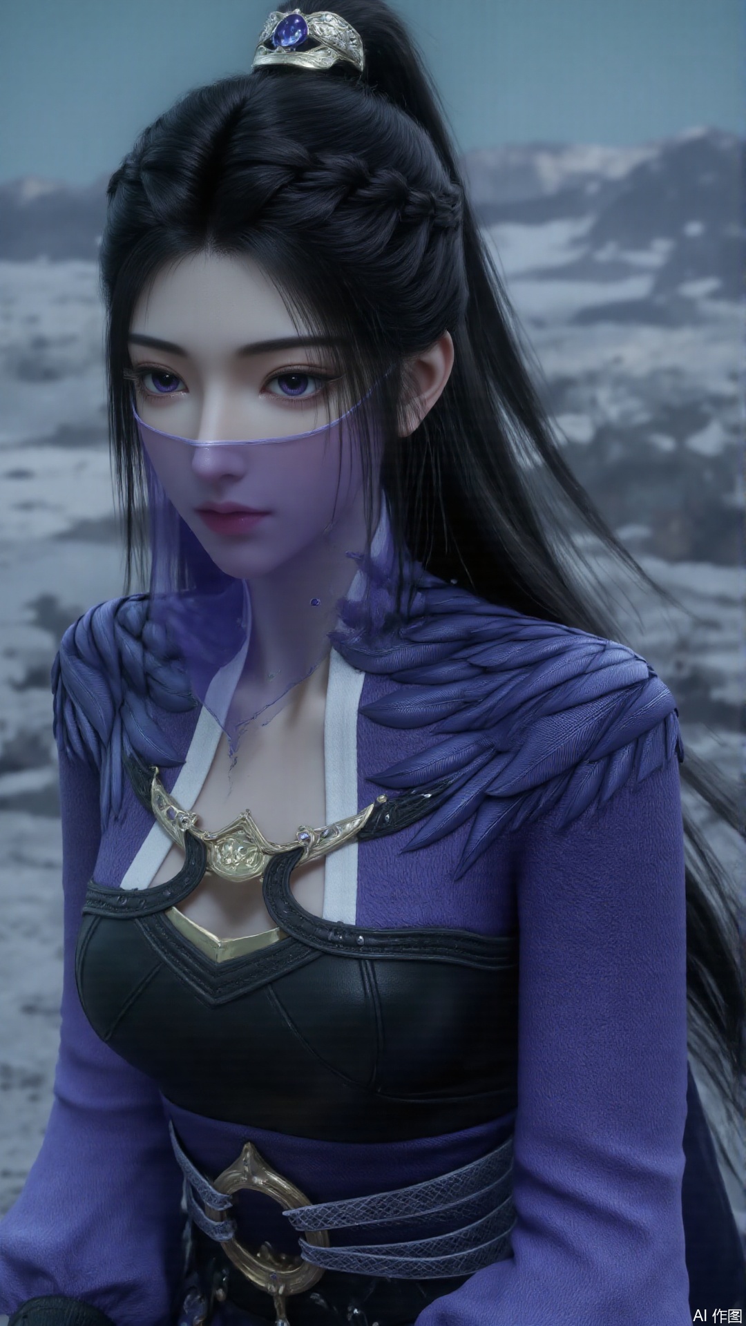 1girl, black hair, mouth veil, ponytail, purple dress, purple eyes, looking at viewer, mischevious smile, perfect body, scenery, sharp focus, best quality, masterpiece, detailed outfit, illustration, perfect eyes, finely detailed beautiful anime eyes, realistic skin, intricate details, best lighting, depth of field, ultra high resolution, sitting