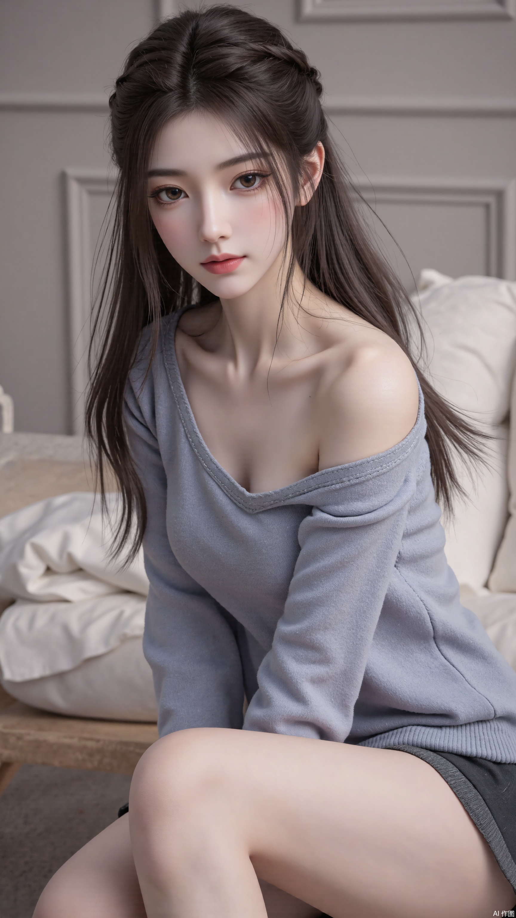 1girl, solo, long hair, looking at viewer, smile, sitting, collarbone, off shoulder, sweater, messy hair, realistic