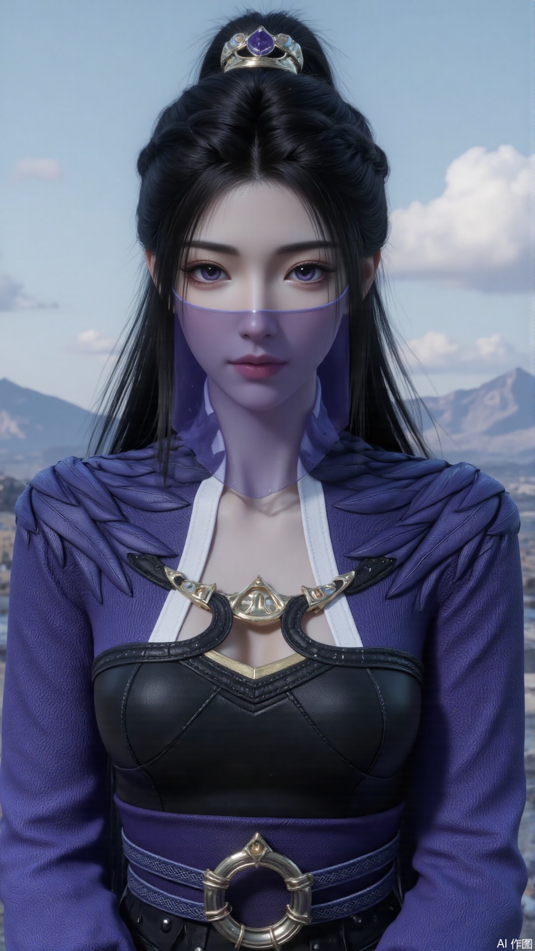 1girl, black hair, mouth veil, ponytail, purple dress, purple eyes, looking at viewer, mischevious smile, perfect body, scenery, sharp focus, best quality, masterpiece, detailed outfit, illustration, perfect eyes, finely detailed beautiful anime eyes, realistic skin, intricate details, best lighting, depth of field, ultra high resolution,cowboy_shot