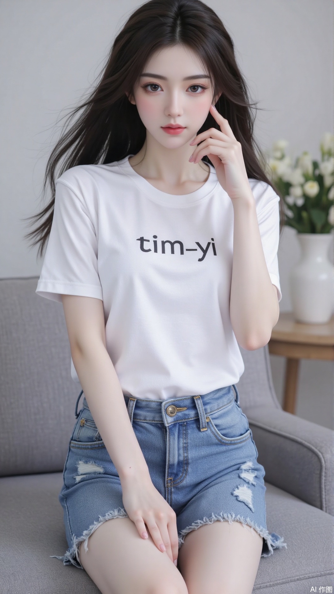White t-shirt with ”Tim_Yi“ written on it, jeans shorts,1girl