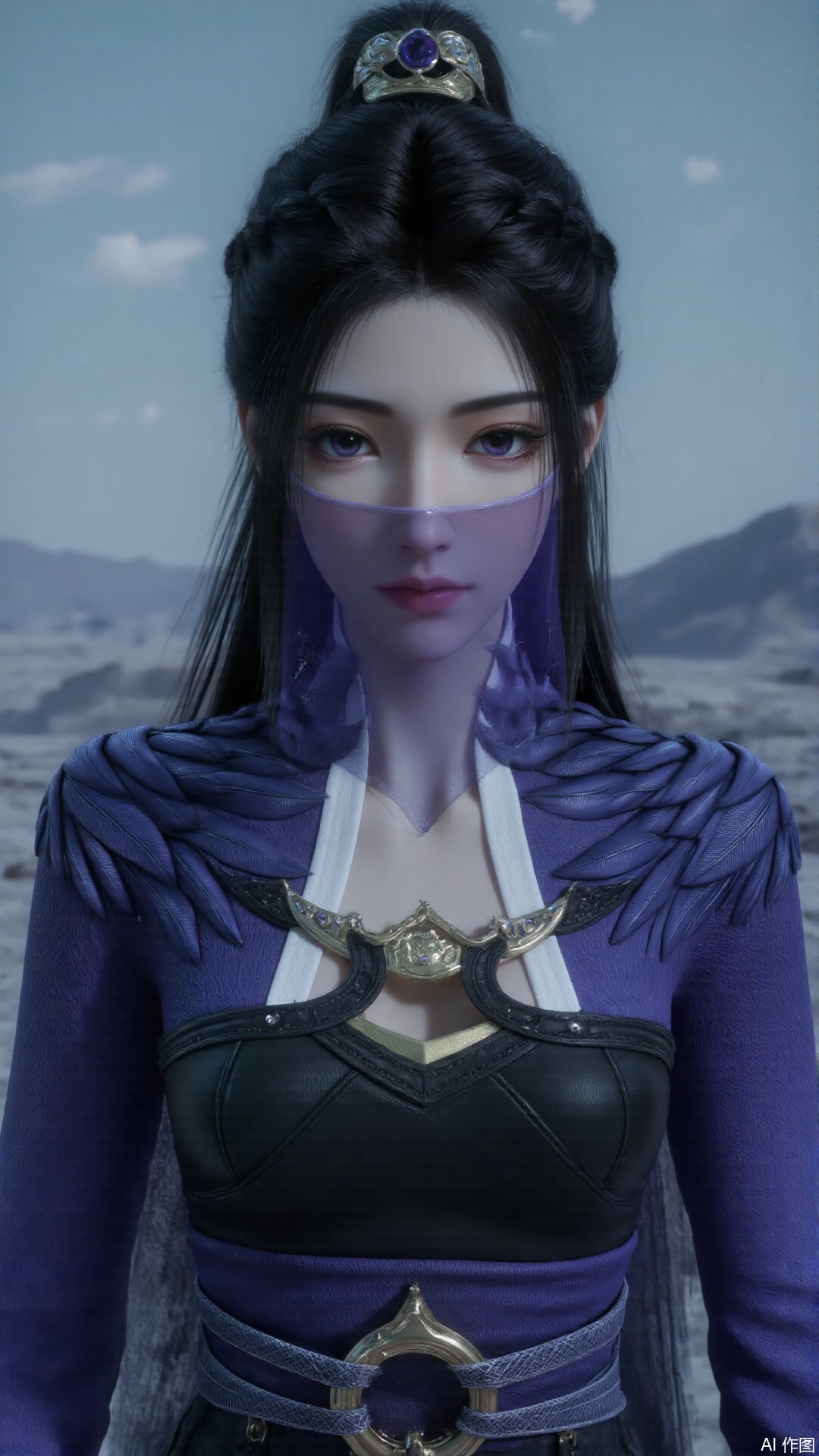 1girl, black hair, mouth veil, ponytail, purple dress, purple eyes, looking at viewer, mischevious smile, perfect body, scenery, sharp focus, best quality, masterpiece, detailed outfit, illustration, perfect eyes, finely detailed beautiful anime eyes, realistic skin, intricate details, best lighting, depth of field, ultra high resolution,cowboy_shot
